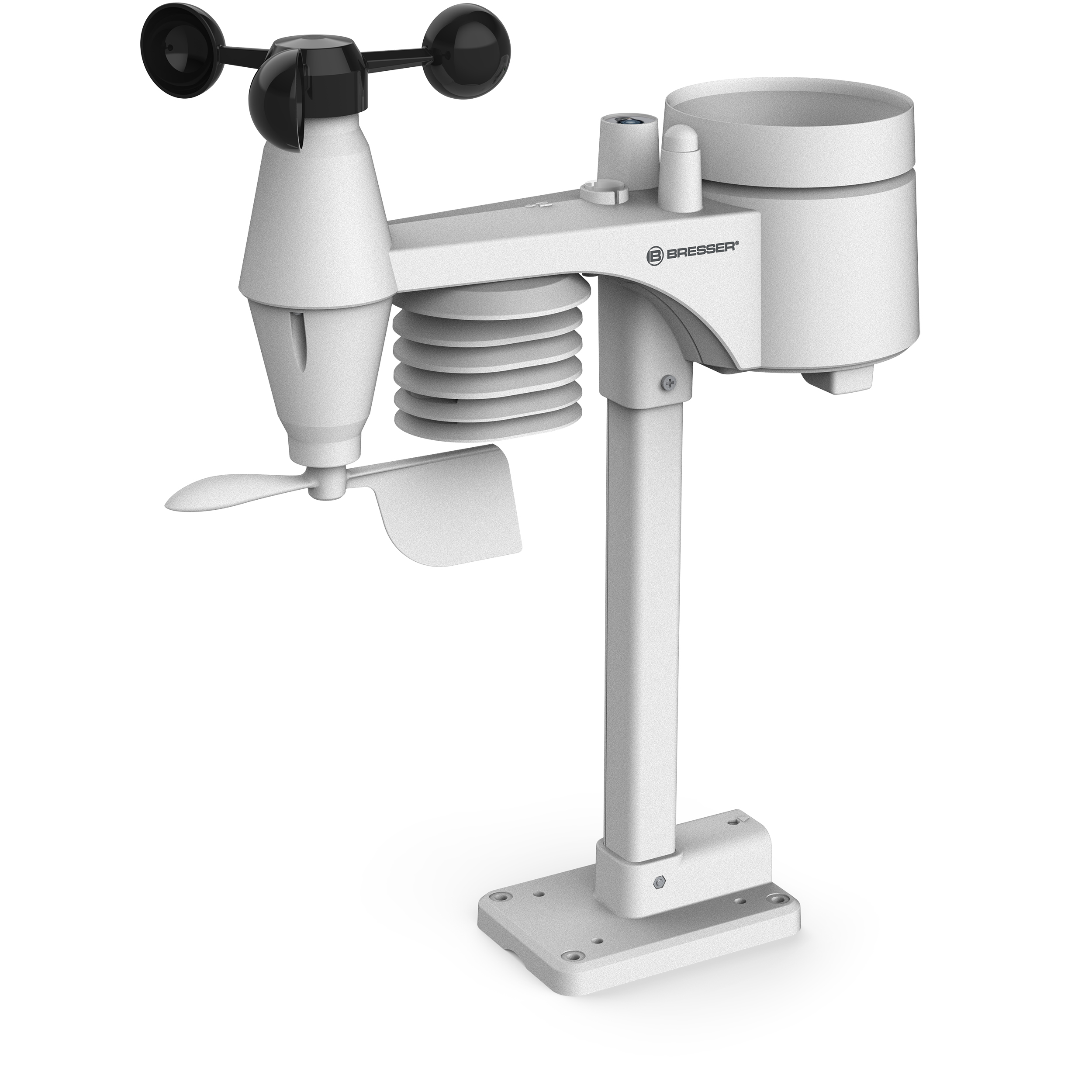 Weiße Wetterstation mit Anemometer und Regenmesser. Sie befindet sich auf weißem Hintergrund.