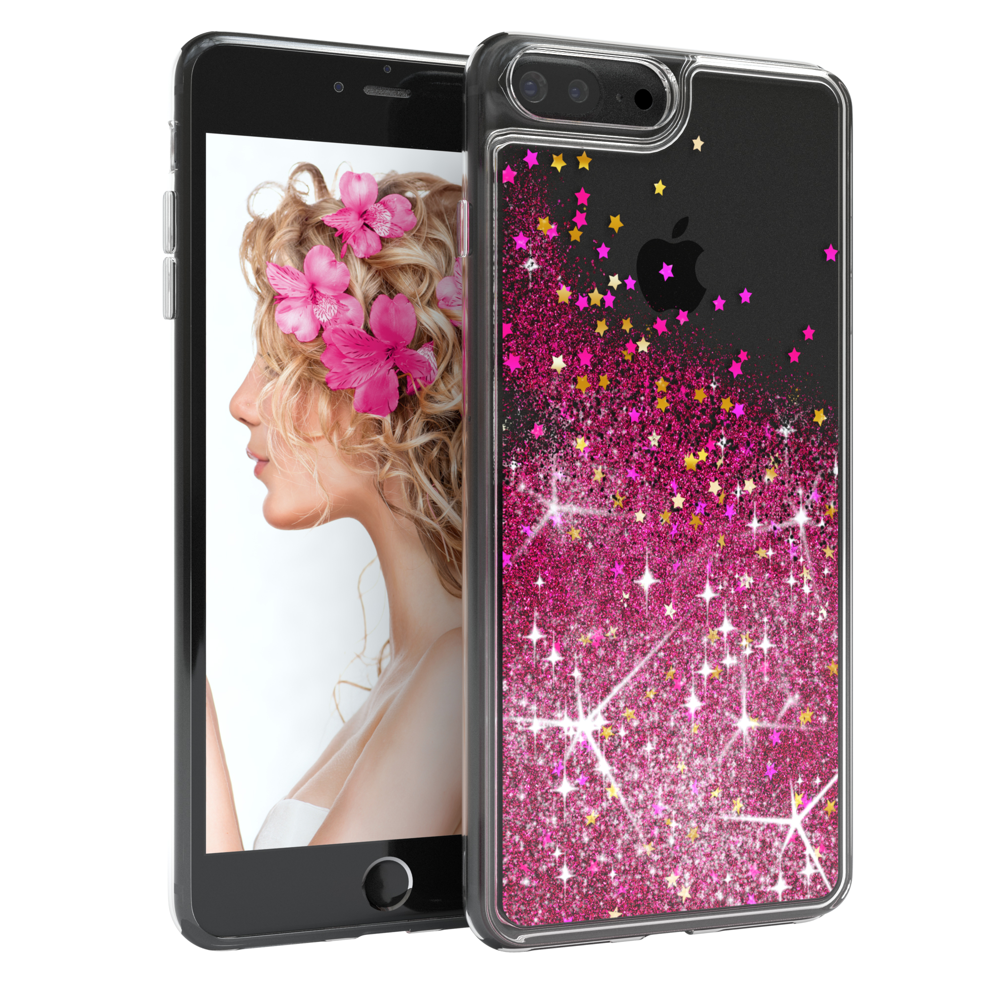 Telefon mit Glitzerhülle. Rosa und goldener Glitzer, rosa Sterne, Model mit rosa Blumen.