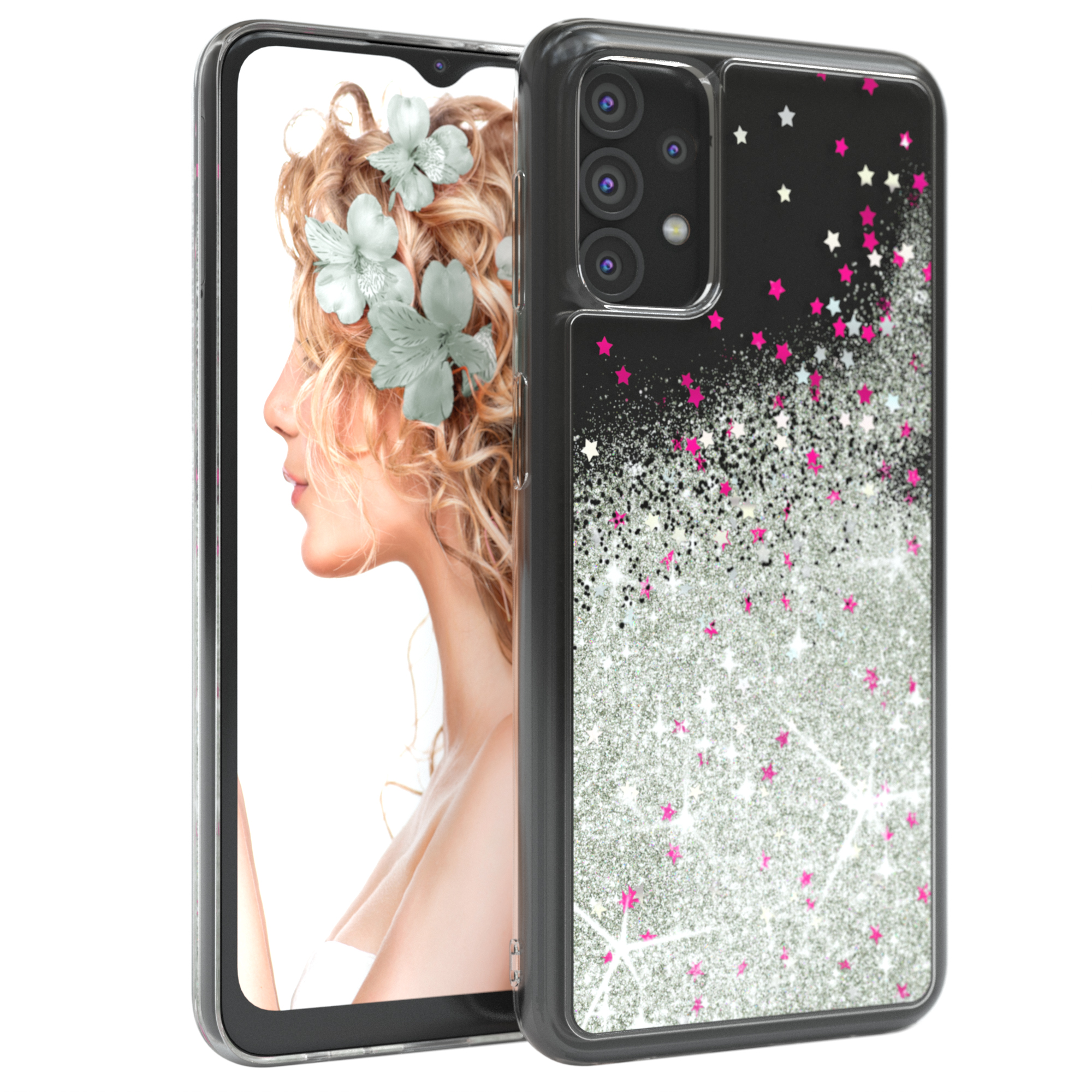 EAZY CASE Galaxy Samsung, Silber Flüssig, 5G, Backcover, Glitzerhülle A32