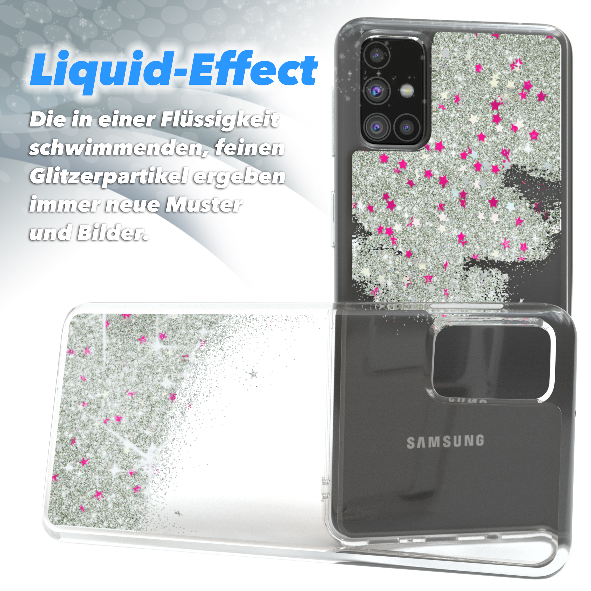 Transparente Samsung-Handyhülle mit Glitzer und Sternen. Hülle auf weißem Hintergrund.