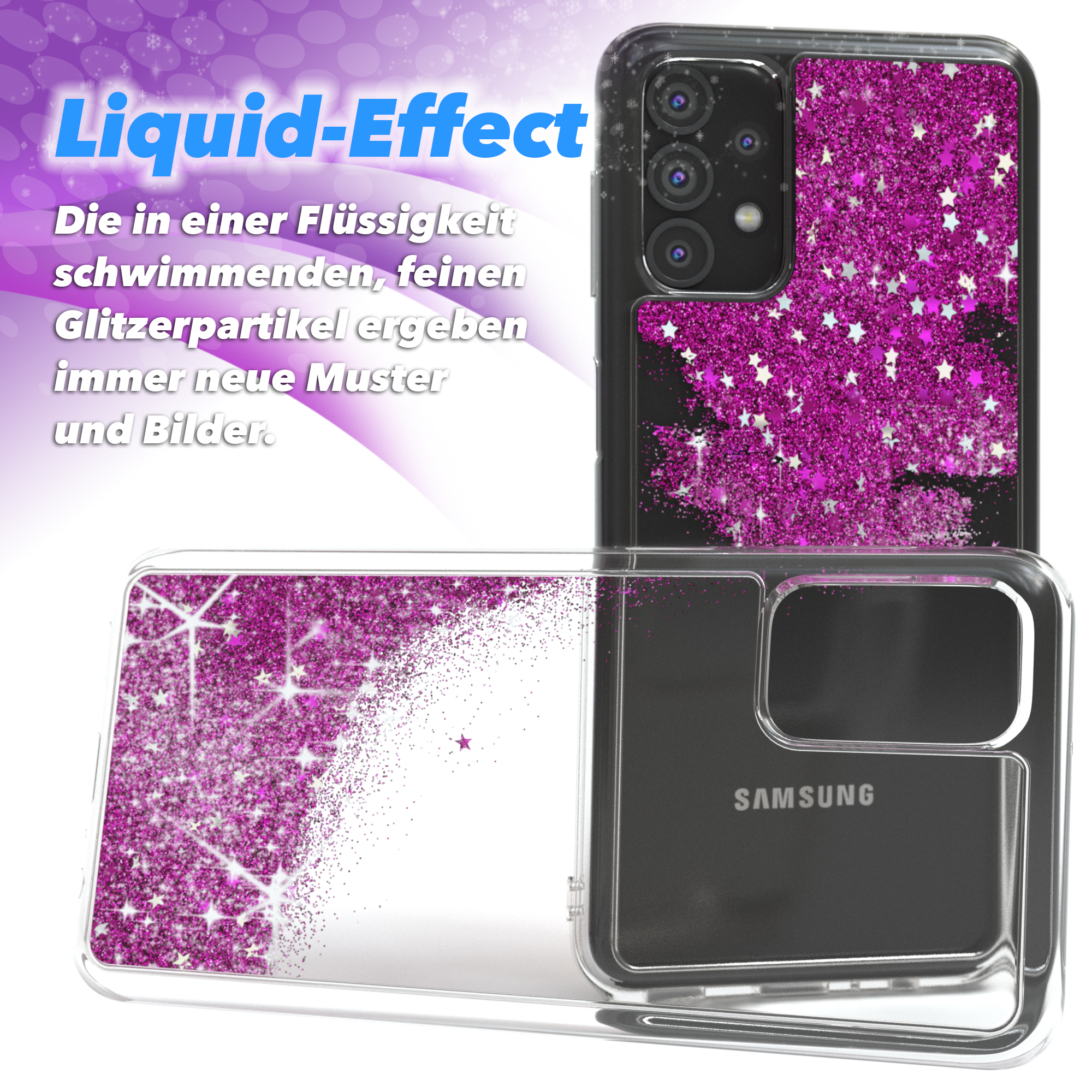 Transparente Handyhülle mit pinken Glitzersternen, zwei Ansichten, Samsung-Logo, Liquid Effect.