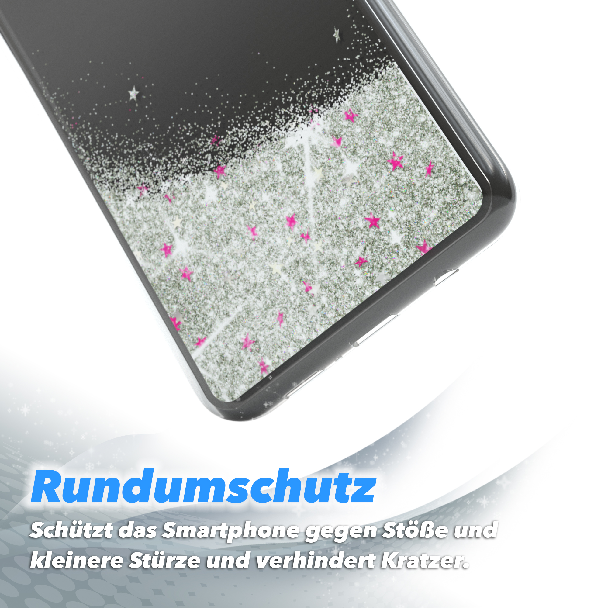 Transparente Handyhülle mit silbernem Glitzer und rosa Sternen. Deutscher Text.