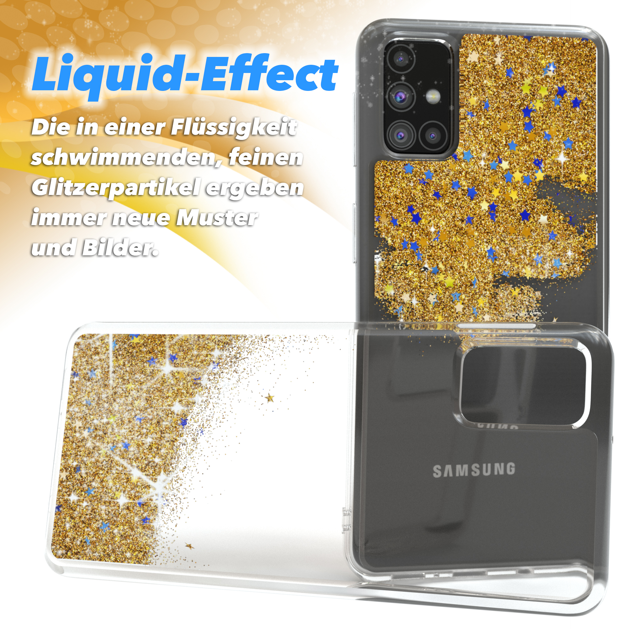 Transparente Handyhüllen mit goldenem Glitzer und Sternen. Eine Hülle ist offen, eine hat Samsung Logo.