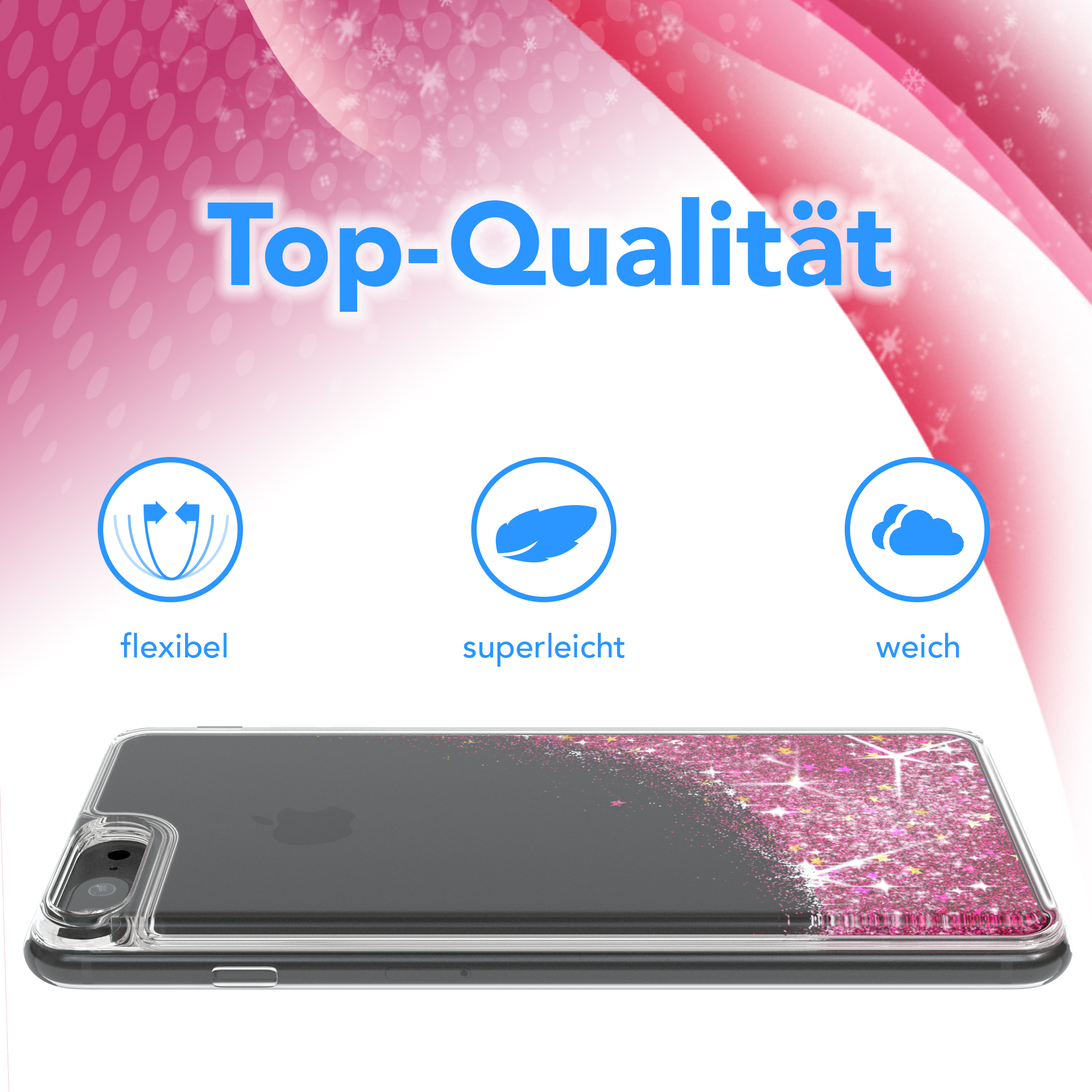 Handyhülle mit Glitzerdesign. Die Hülle ist transparent, der Glitzer rosa und weiß, auf rosa Hintergrund.