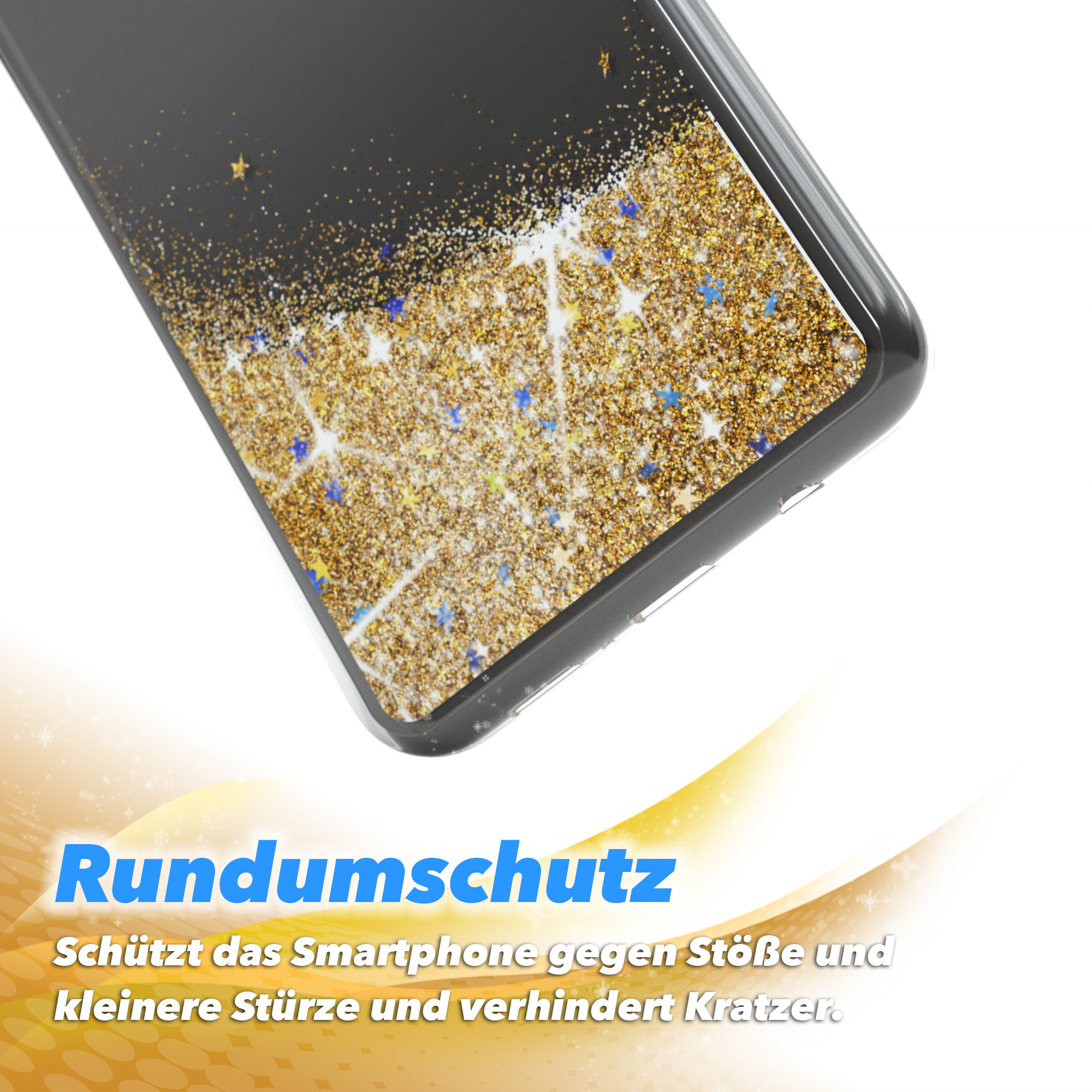 Telefonhülle, schwarz-goldenes Glitzerdesign. Weißer Hintergrund mit blauen und gelben Formen.