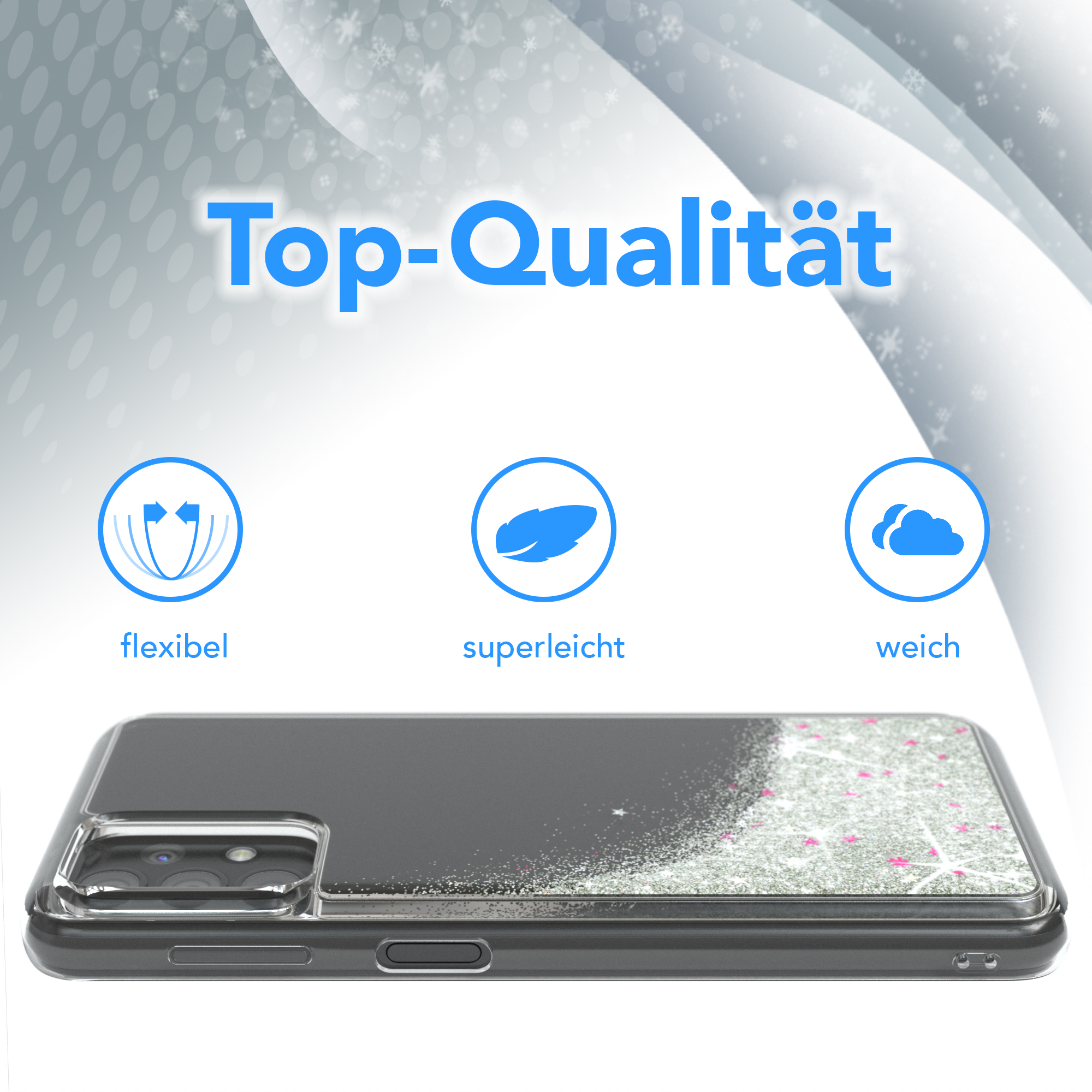 Handyhülle mit Glitzerdesign und Text: Top-Qualität. Drei Icons: flexibel, superleicht, weich.