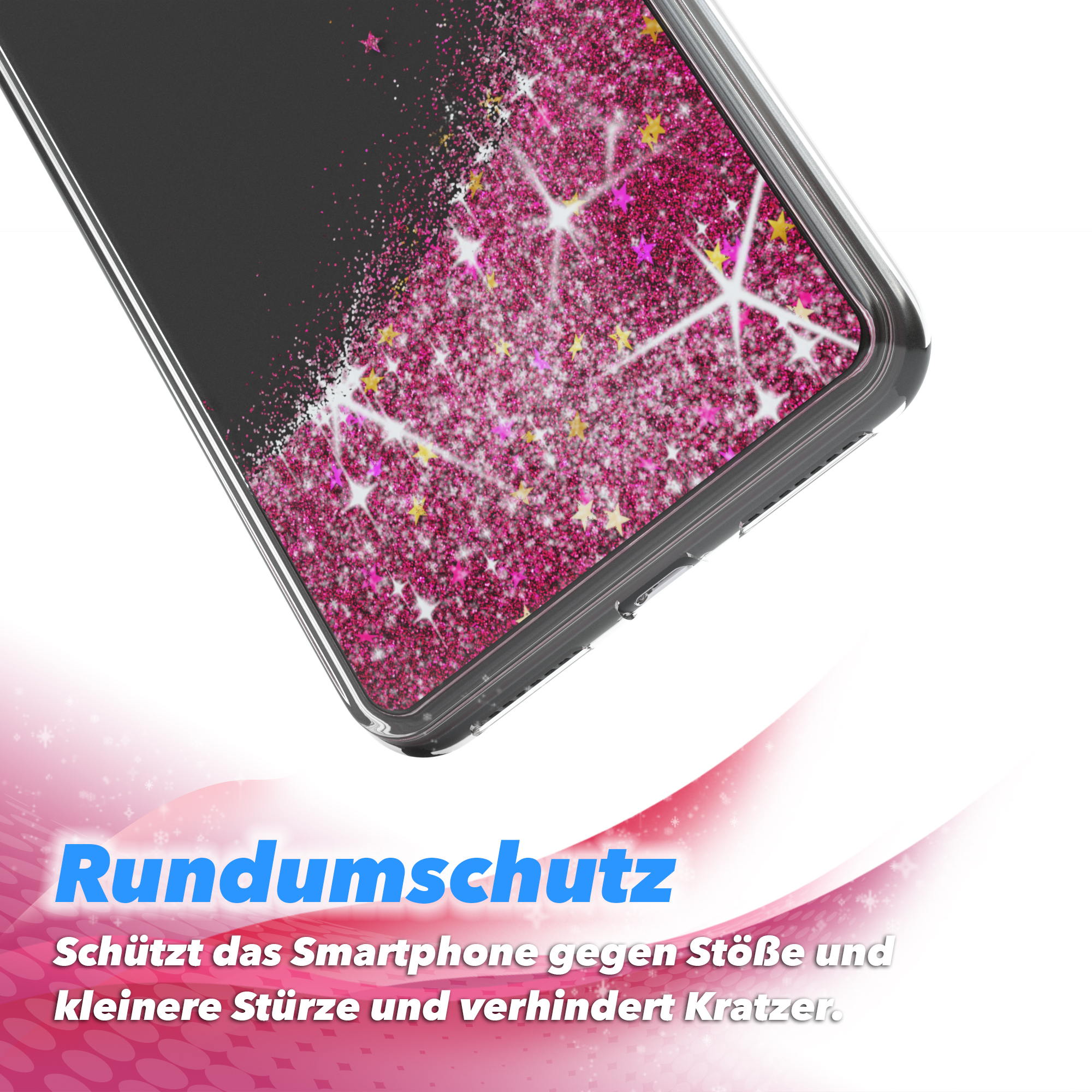 Nahaufnahme einer Handyhülle mit rosa Glitzer und Sternen. Text unten lautet: 'Rundumschutz'.