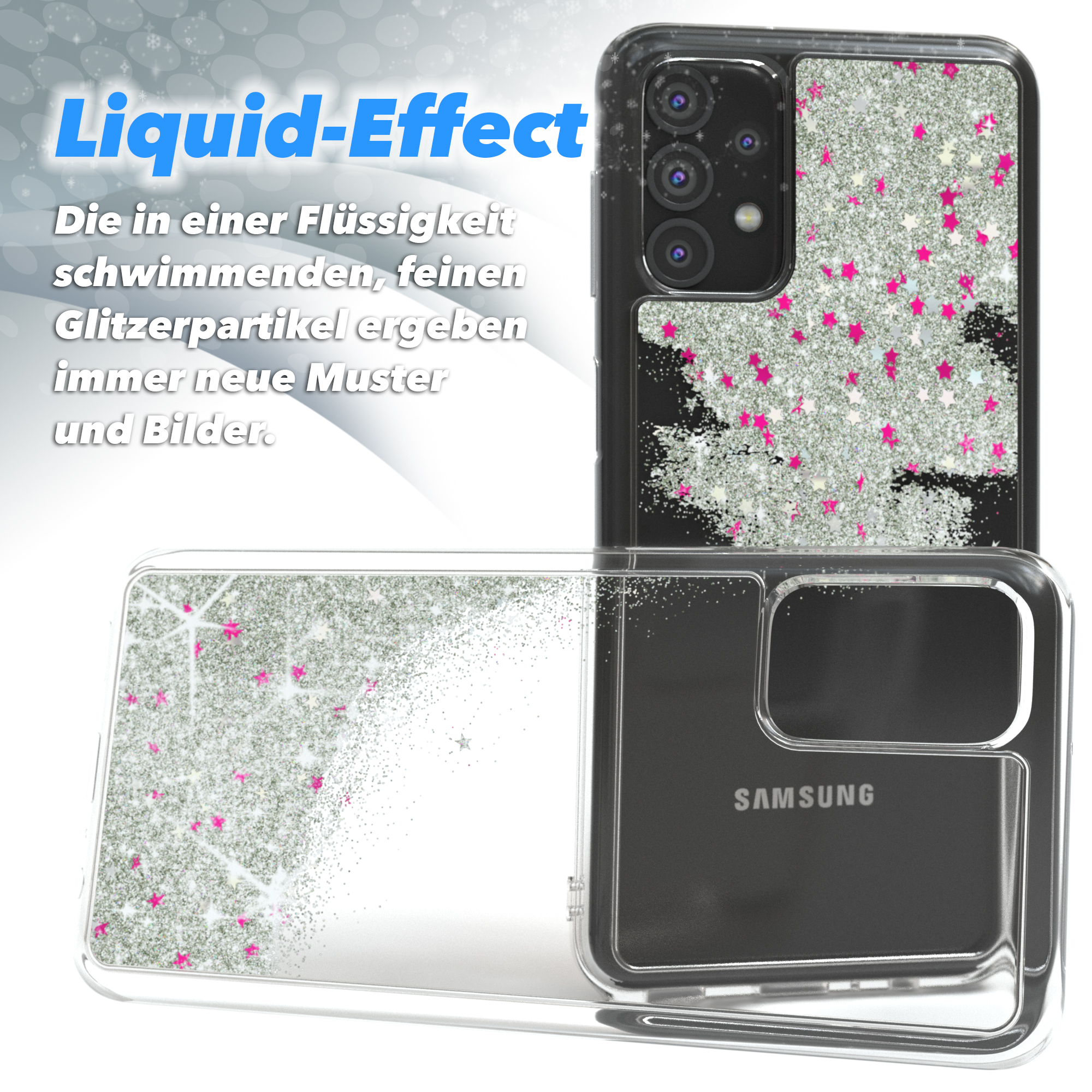 Transparente Handyhülle mit silbernen Glitzersternen, zwei Ansichten, Samsung-Logo, Liquid Effect.