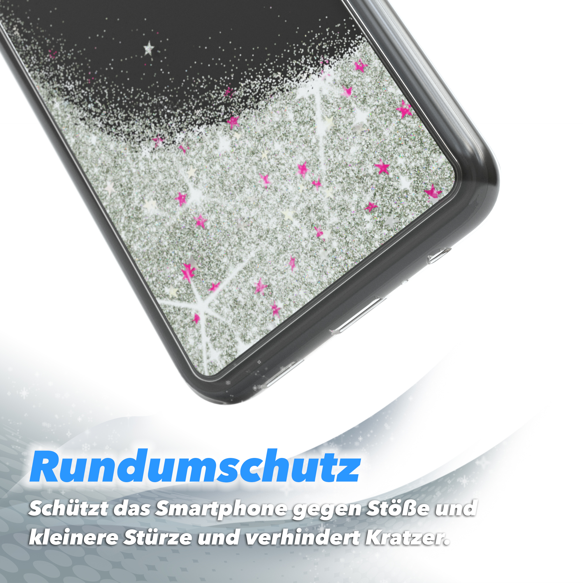 Nahaufnahme einer Handyhülle mit Glitzer. Der Text Rundumschutz ist sichtbar.