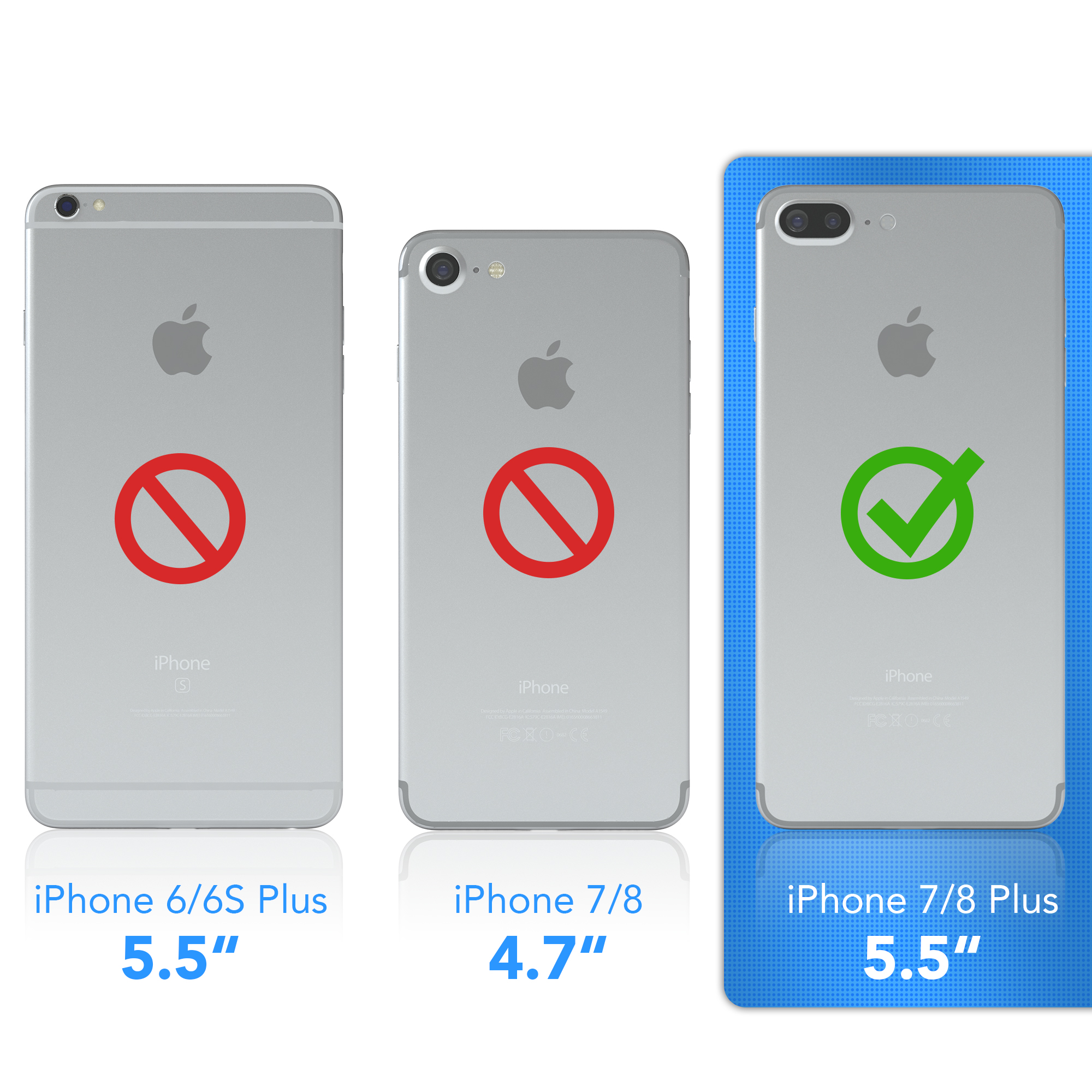 Drei iPhones, die die Kompatibilität von Handyhüllen mit dem iPhone 7/8 Plus zeigen, mit grünem Häkchen.