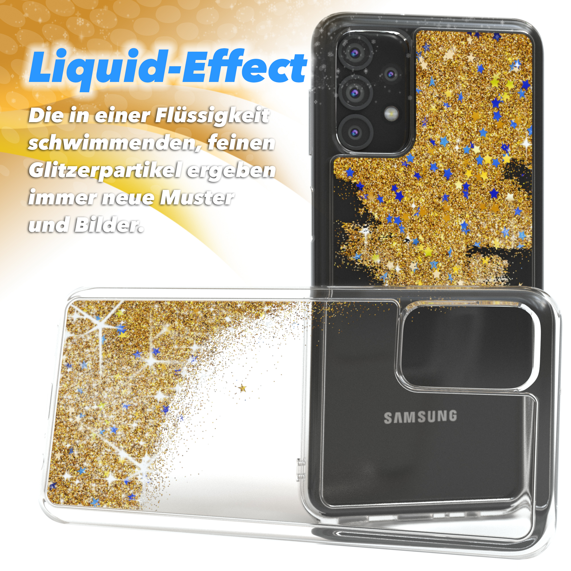 Handyhüllen mit Flüssigkeitseffekt: goldener Glitzer im Inneren mit dem Text 'Liquid-Effect'.