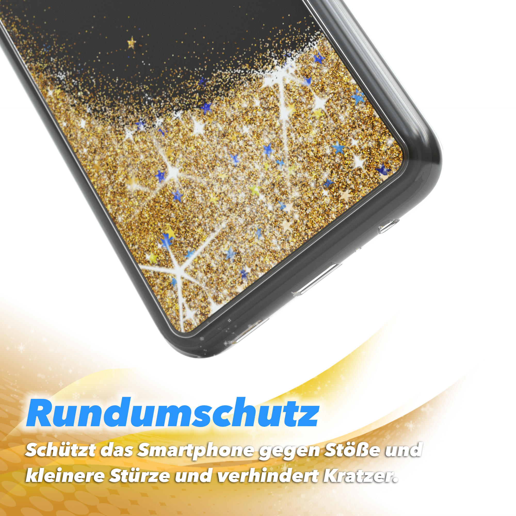 Nahaufnahme einer Handyhülle. Die Hülle hat einen schwarzen Deckel mit goldenem Glitzer.
