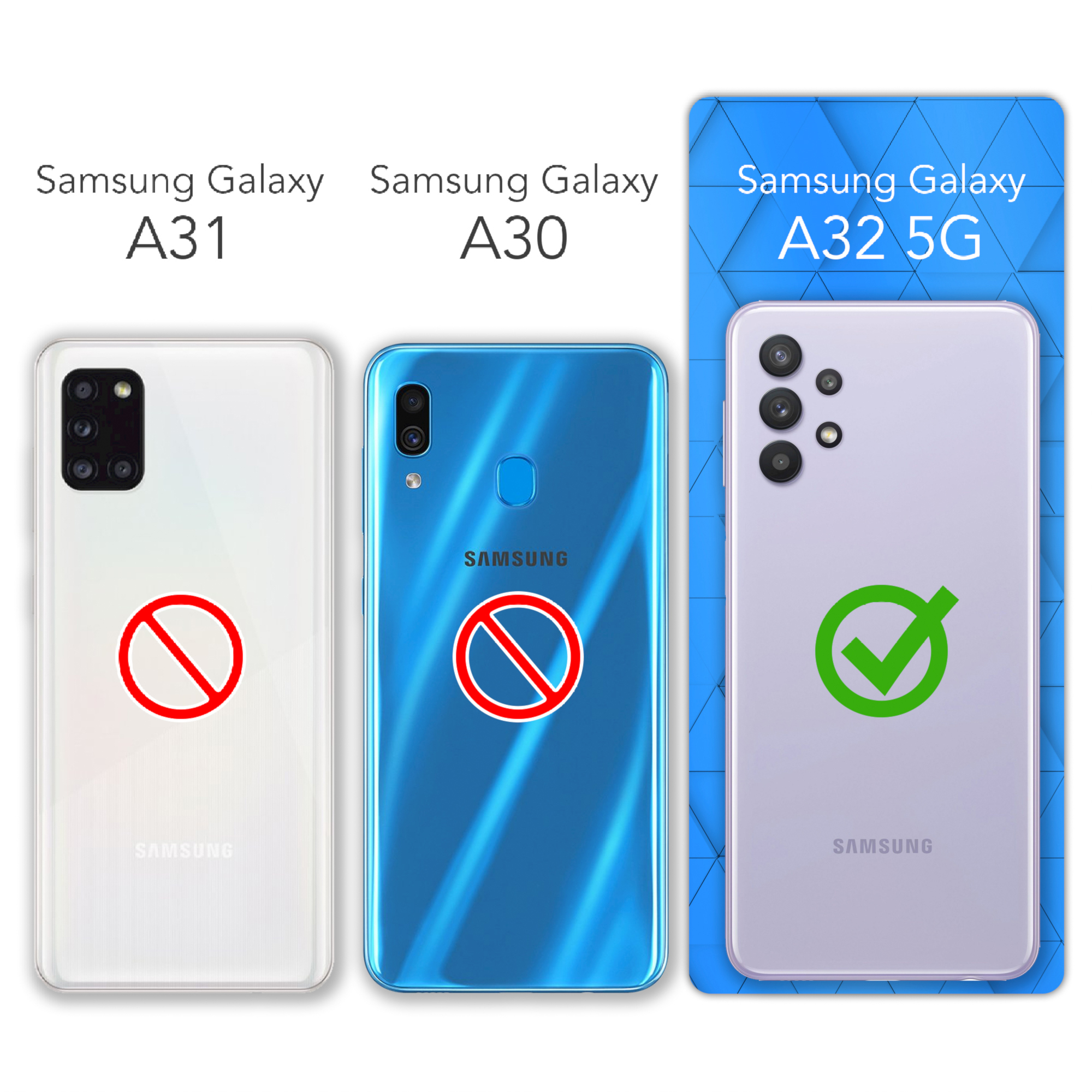 Vergleich von drei Samsung Galaxy Handys. A31 mit rotem X, A30 mit rotem X und A32 5G mit Häkchen.