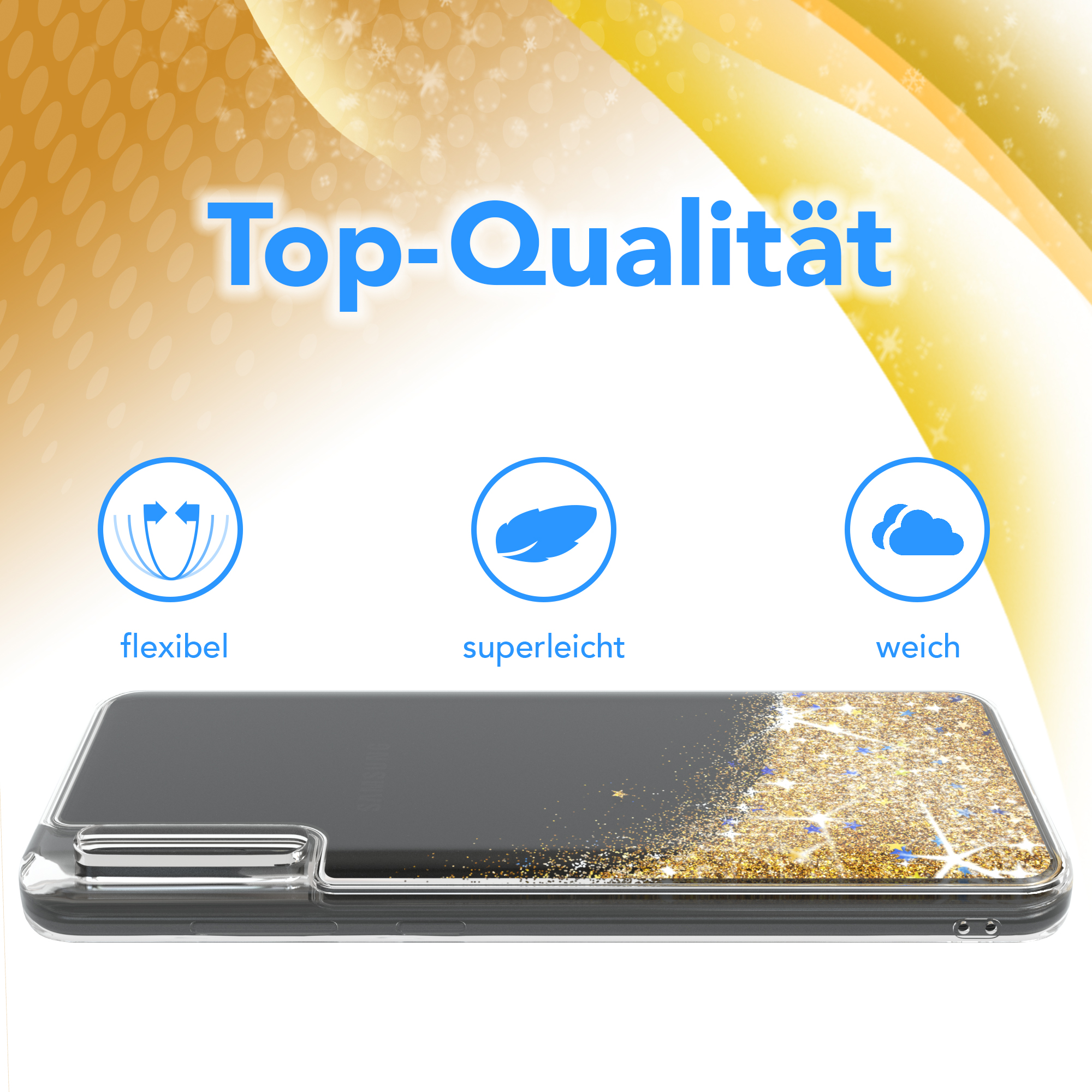 Eine Handyhülle mit einem schwarz-goldenen Glitzerdesign mit Symbolen für Flexibilität, Leichtigkeit und Weichheit.