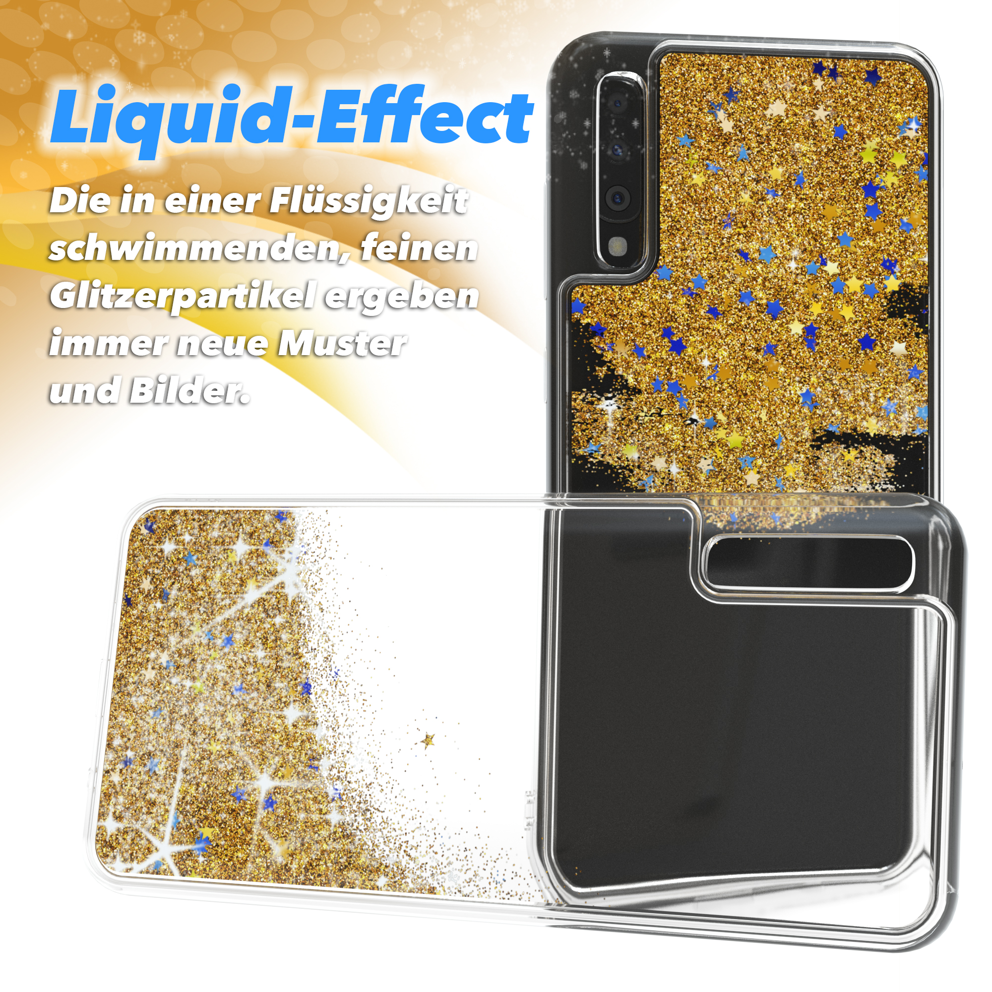 Handyhülle mit Goldglitzer und Sternen, Flüssigkeitseffekt.