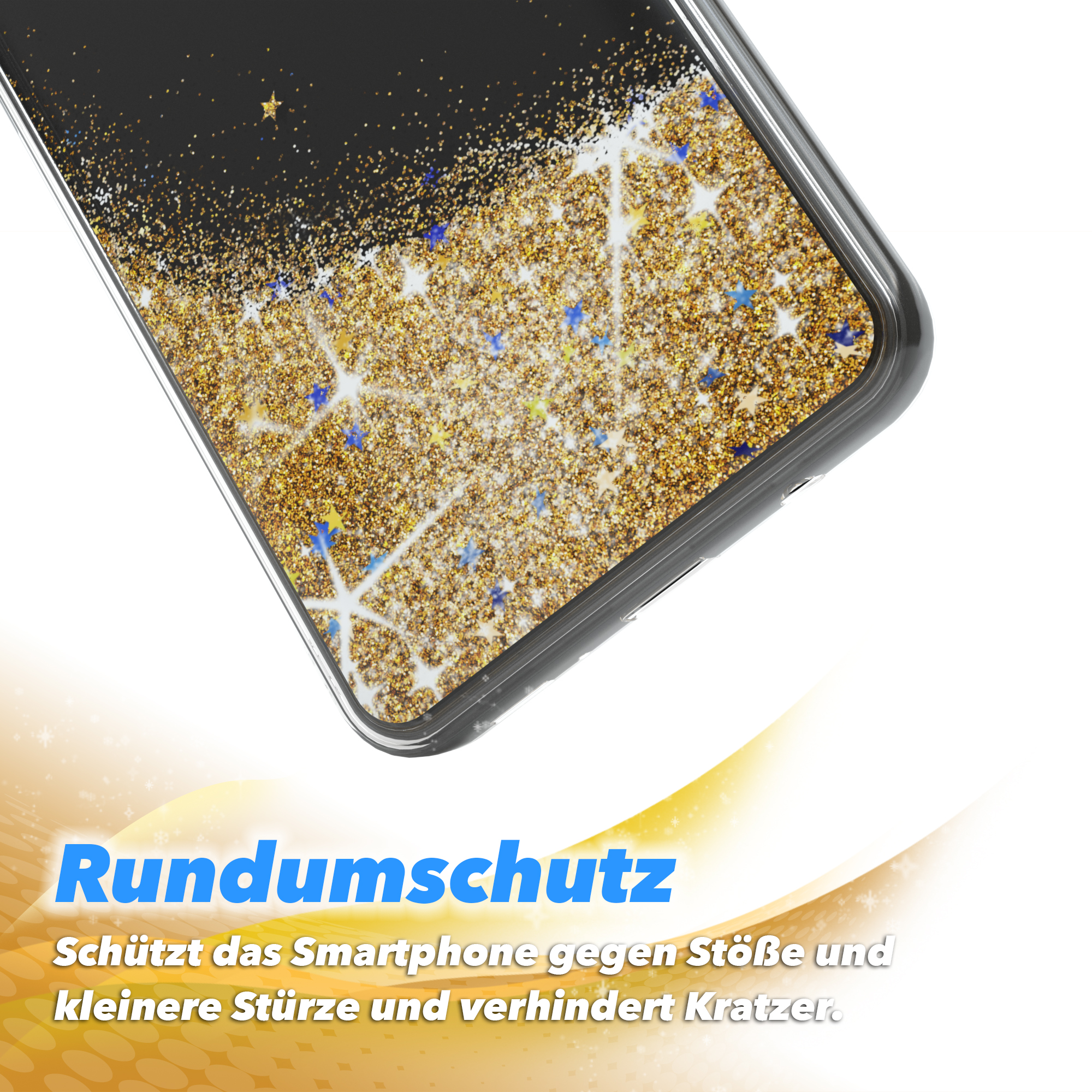 Nahaufnahme einer Handyhülle. Schwarz mit goldenem Glitzer und kleinen blauen Sternen. Text: Rundumschutz.