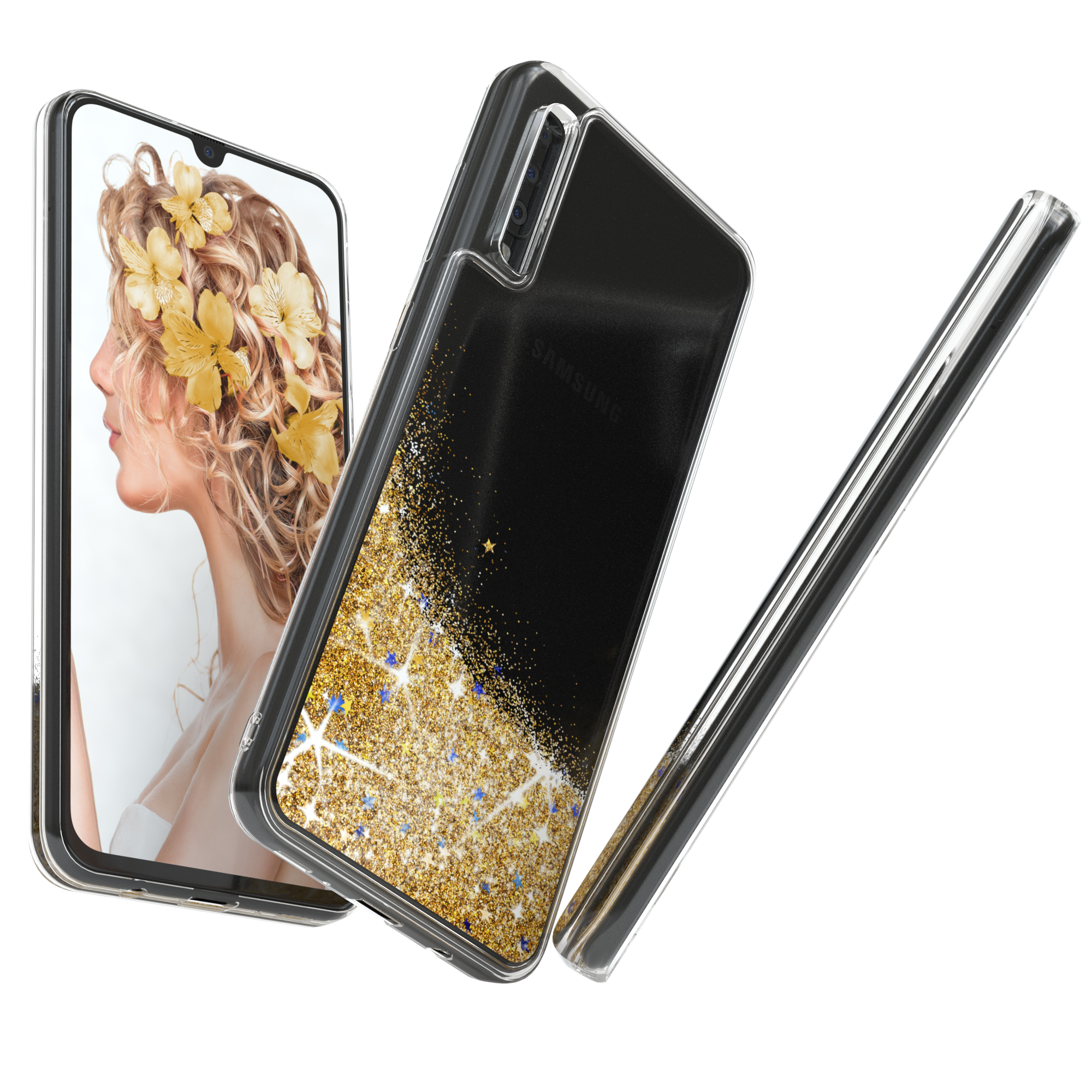 Telefon mit Hülle, zeigt eine Frau mit Blumen auf dem Bildschirm. Transparente Hüllen dargestellt.