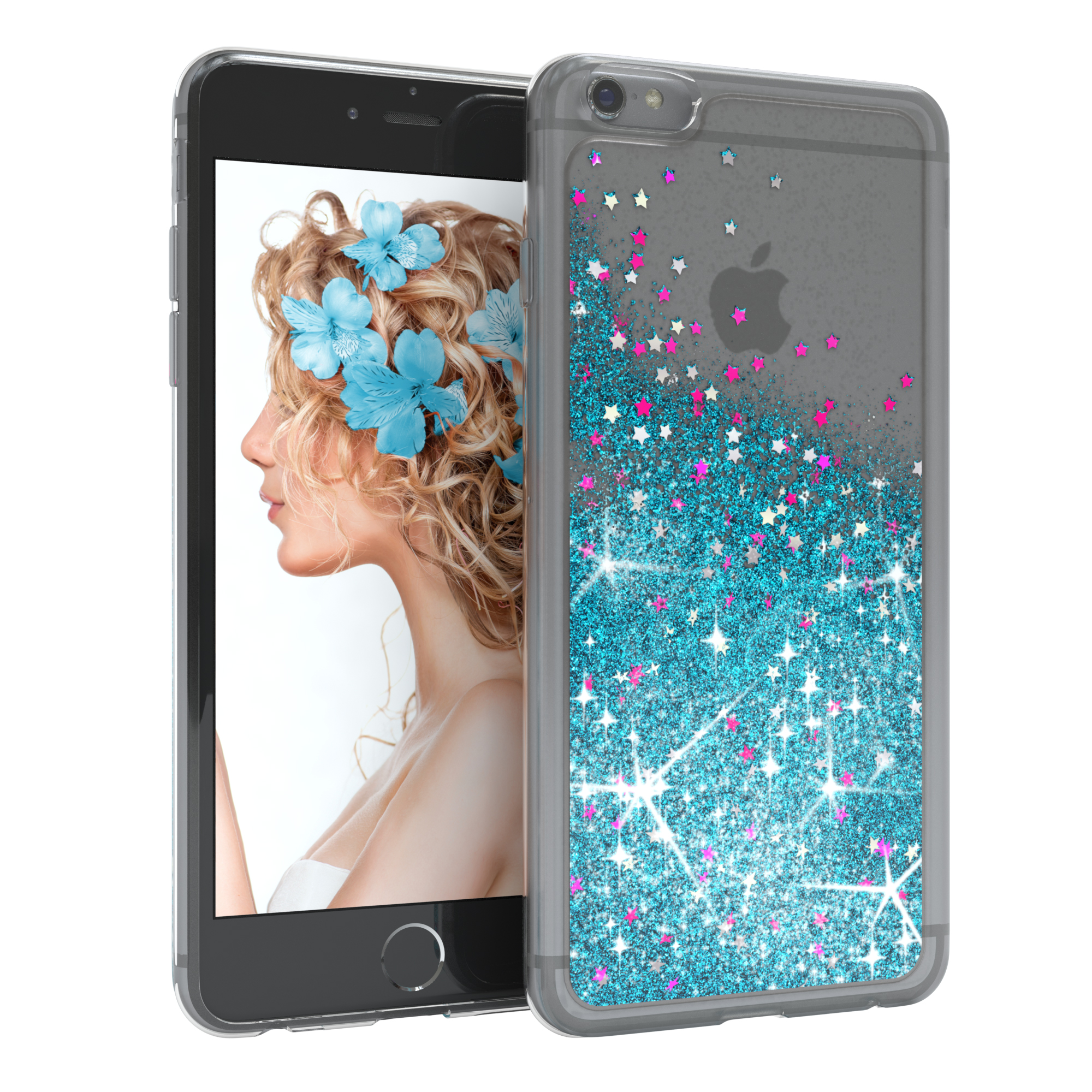Ein Telefon in einer Hülle mit Glitzer und einem Frauenporträt auf dem Bildschirm.