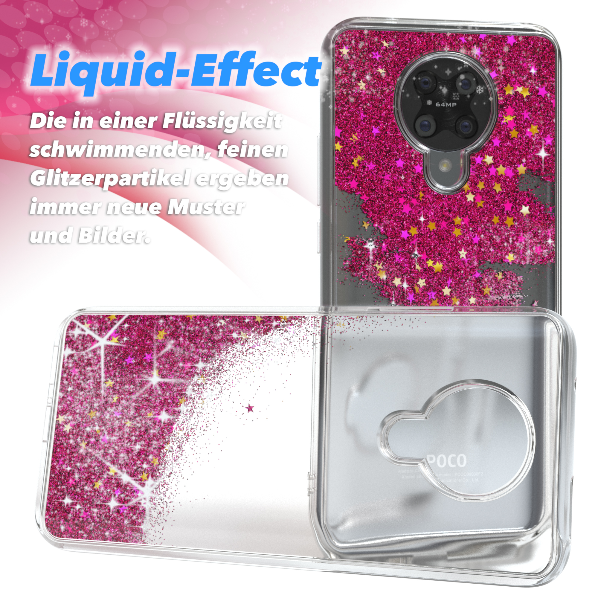 Liquid-Effekt Handyhüllen mit rosa Glitzersternen. Eine Hülle ist offen und zeigt die Flüssigkeit und den Glitzer.