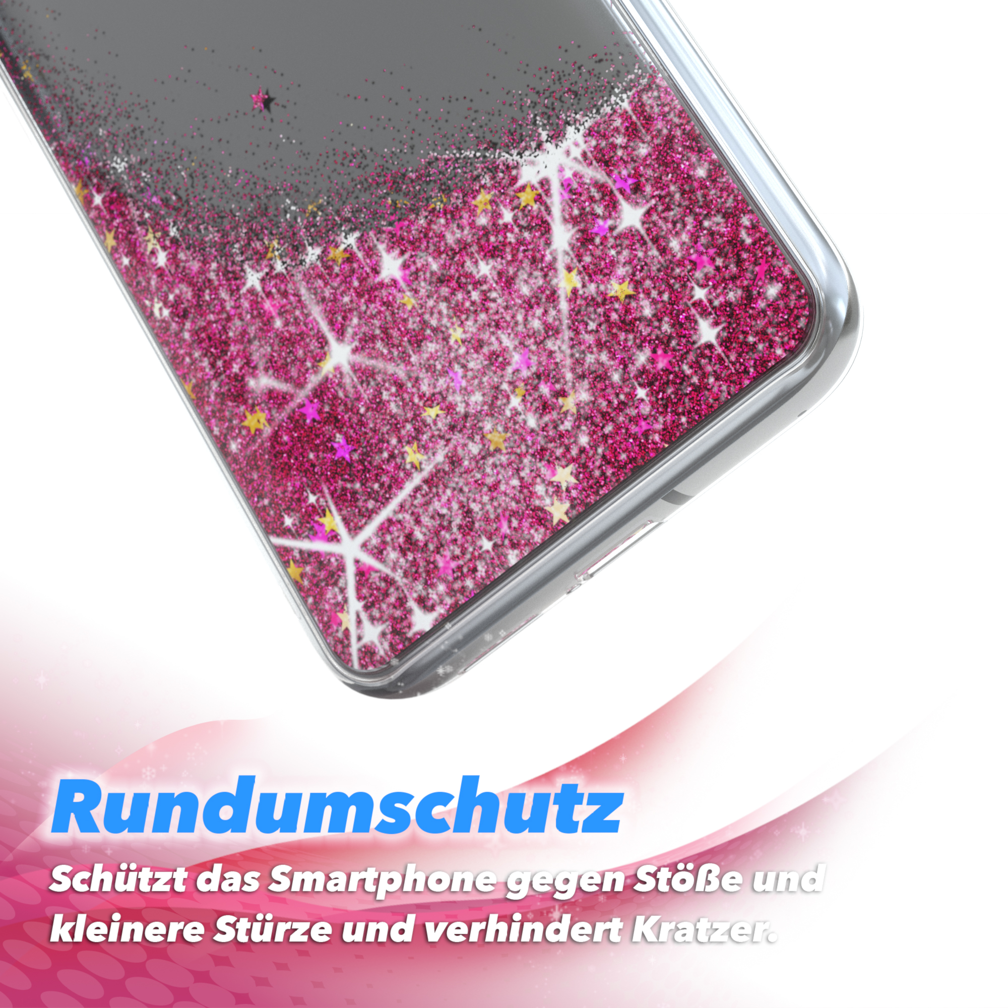 Eine Handyhülle mit rosa Glitzer. Text sagt 'Rundumschutz', 'Schützt das Smartphone...'