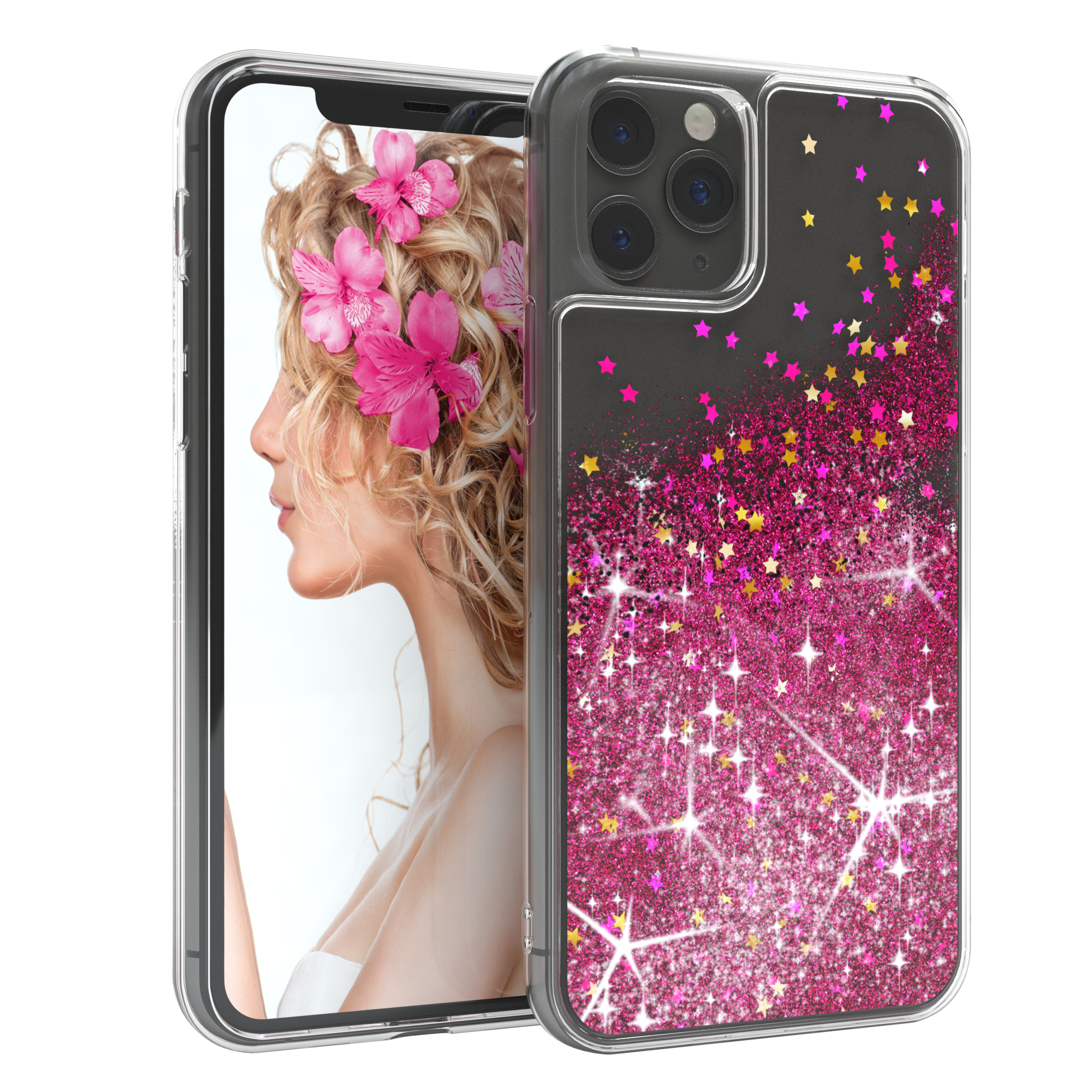 Handyhülle mit rosa Glitzer und Sternen. Telefon zeigt eine Frau mit Blumen im Haar.