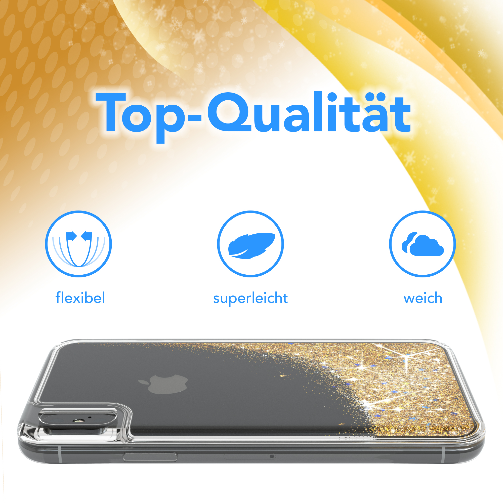 Transparente Handyhülle mit goldenem Glitzerdesign und Text: 'Top-Qualität'.