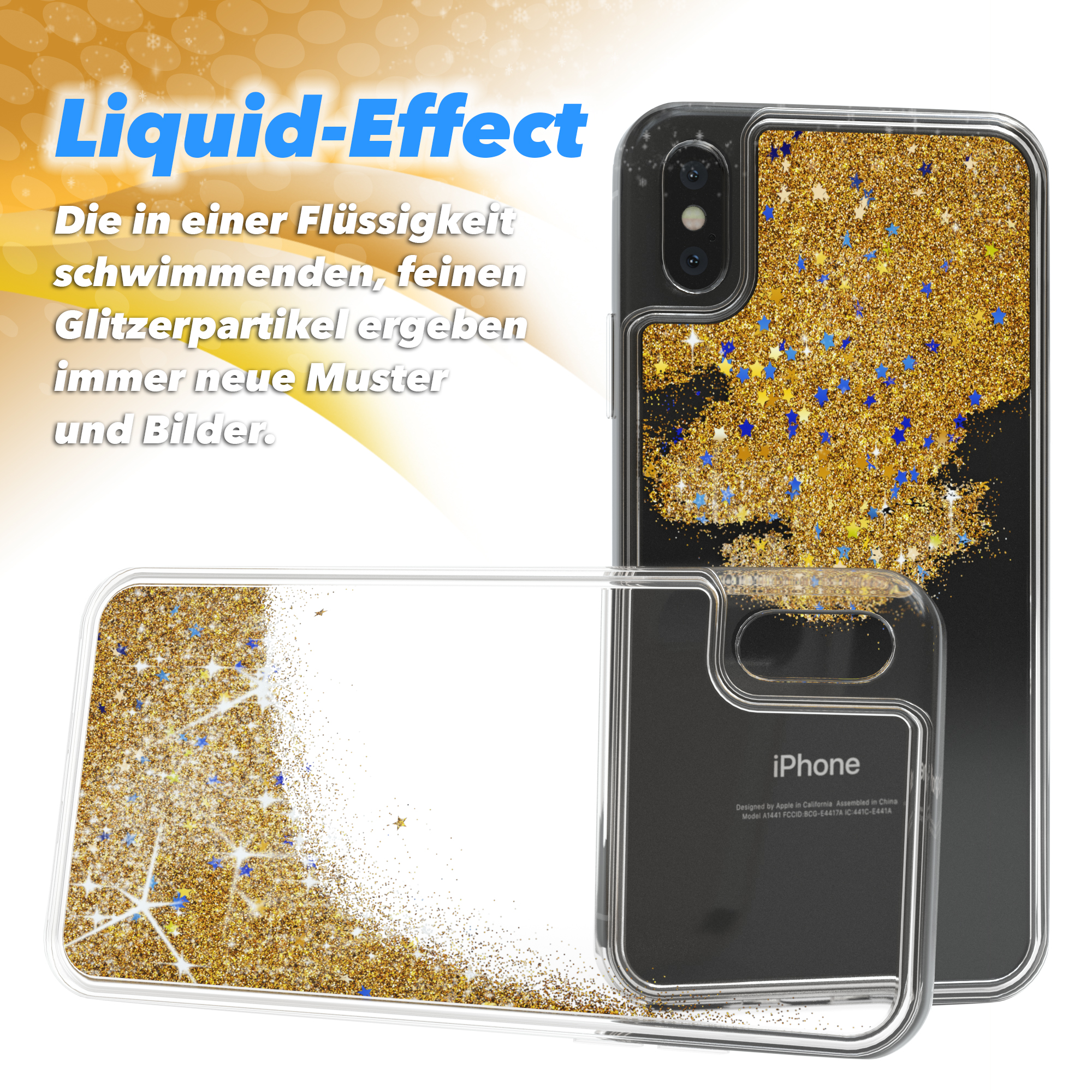 Transparente Handyhülle mit goldenem und blauem Glitzer und zwei Handys.
