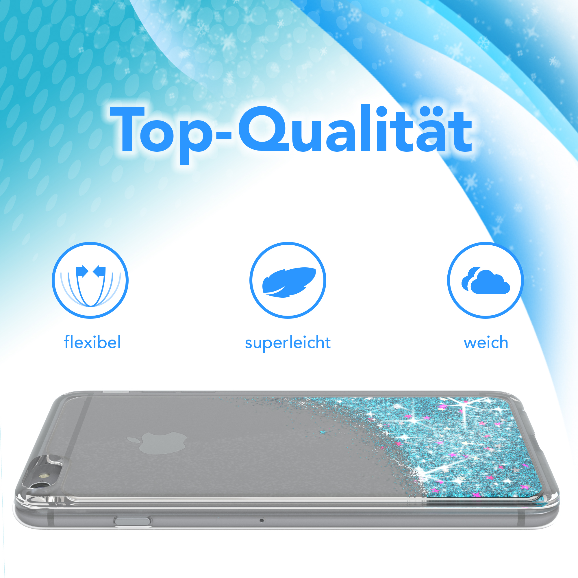Handyhülle mit Glitzerdesign, das Bild hat einen weißen und blauen Hintergrund.