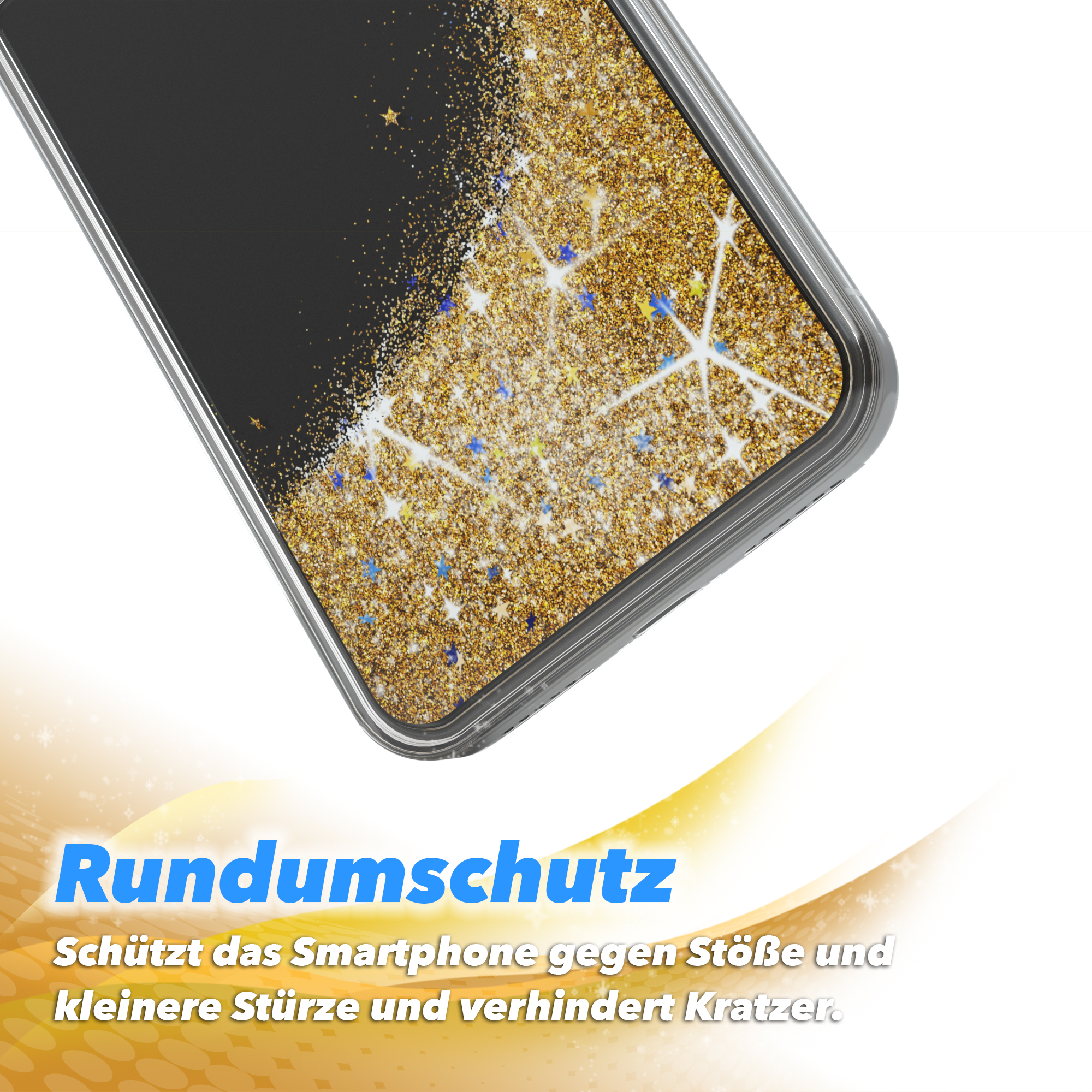 Eine Handyhülle mit Glitzer und Text: Rundumschutz. Sie schützt vor Stößen und Kratzern.