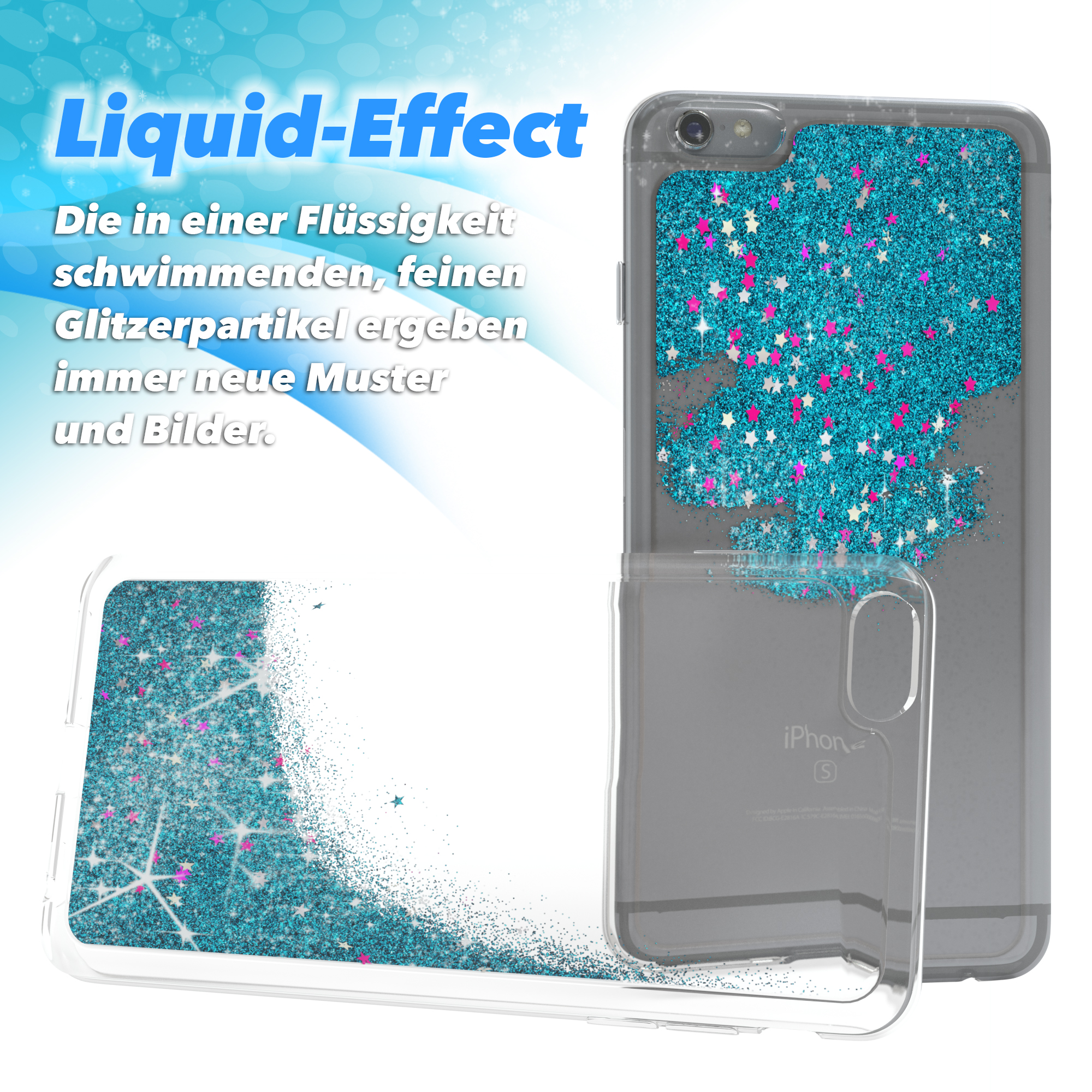 Transparente Handyhülle mit blauem Glitzer und Sternen. Flüssigkeitseffekt. Weißer Hintergrund.