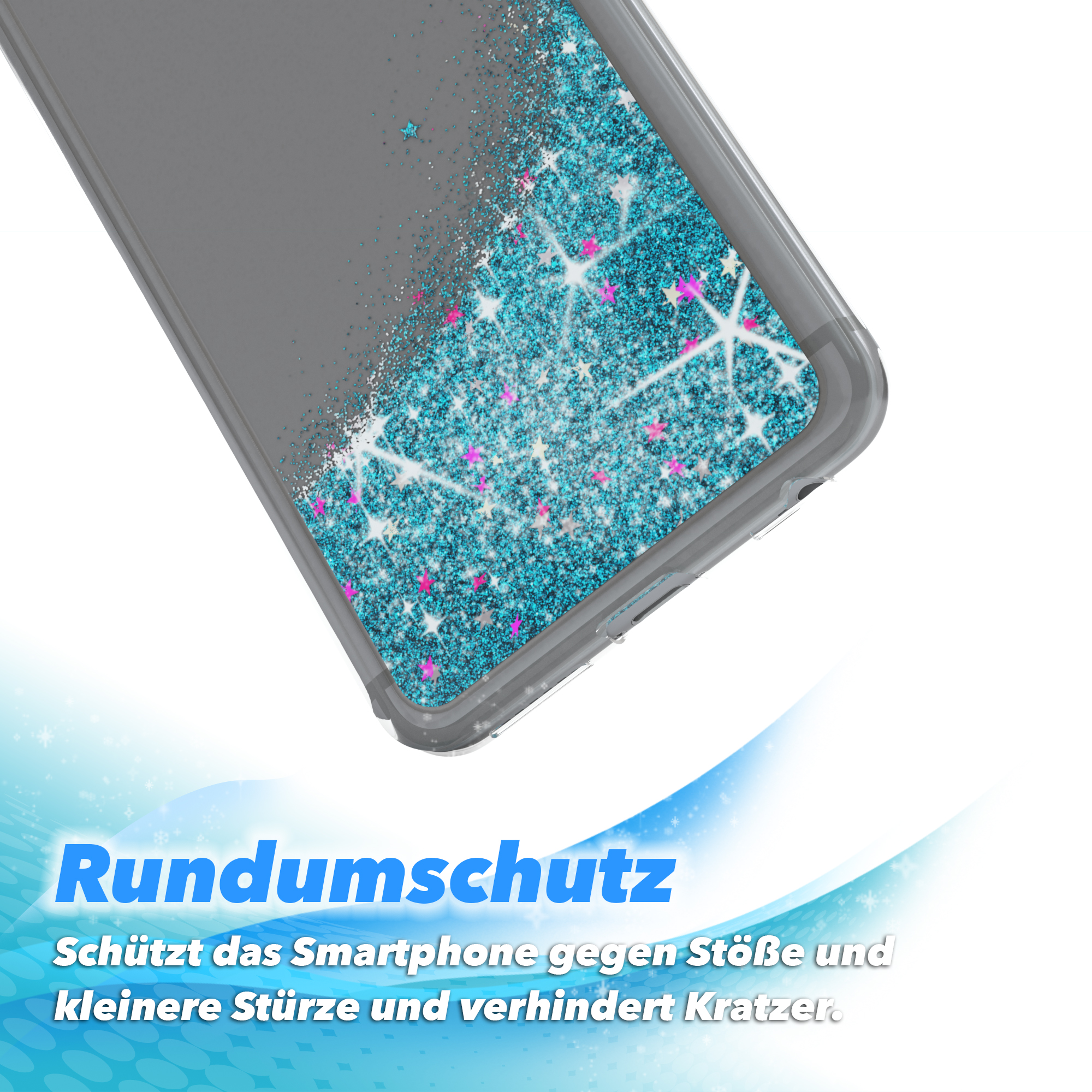 Handyhülle mit blauem Glitzer, weißer Hintergrund.