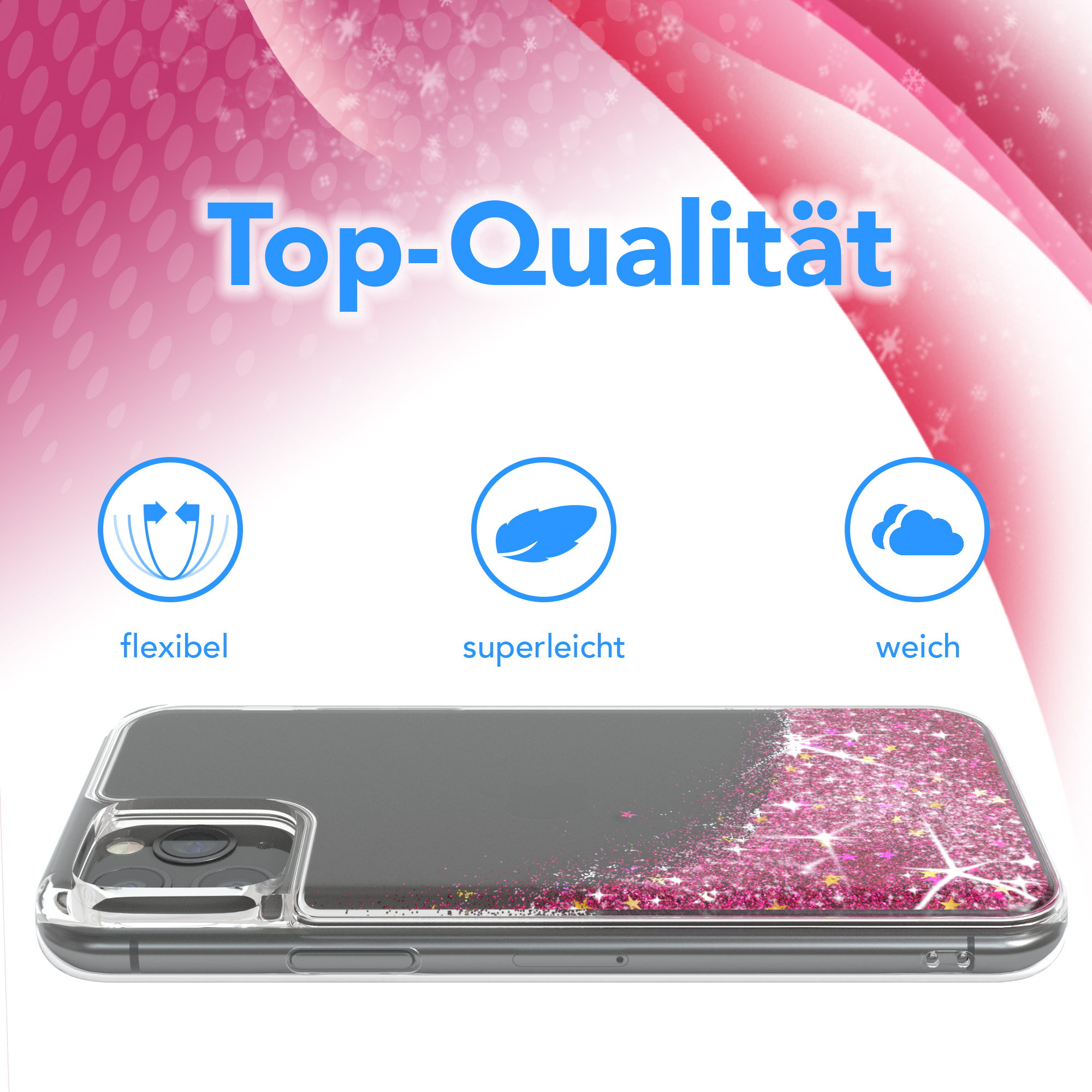 Handyhülle mit rosa Glitzer. Oben steht 'Top-Qualität'. Es gibt drei Symbole. Der Hintergrund ist rosa und weiß.