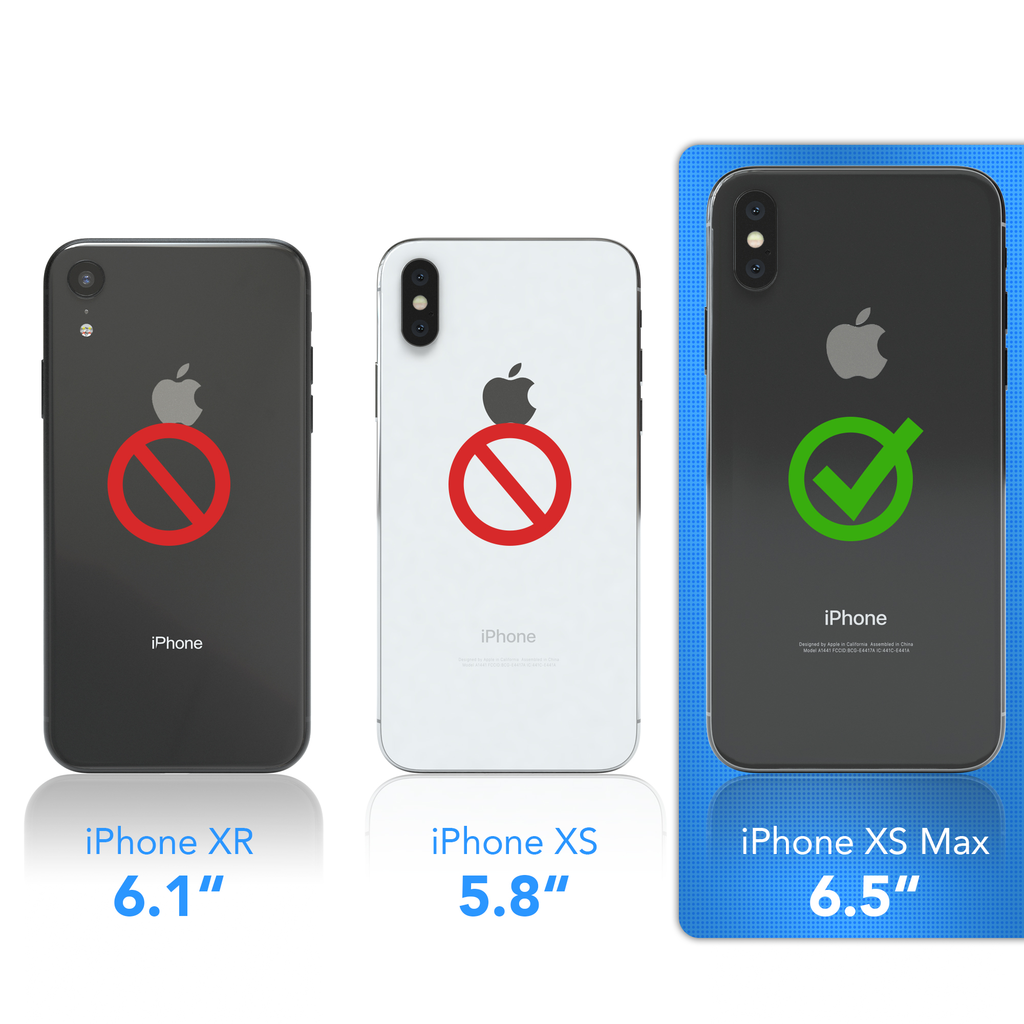 Drei iPhones, ein schwarzes XR, ein weißes XS und ein schwarzes XS Max. Das XS Max hat ein grünes Häkchen.