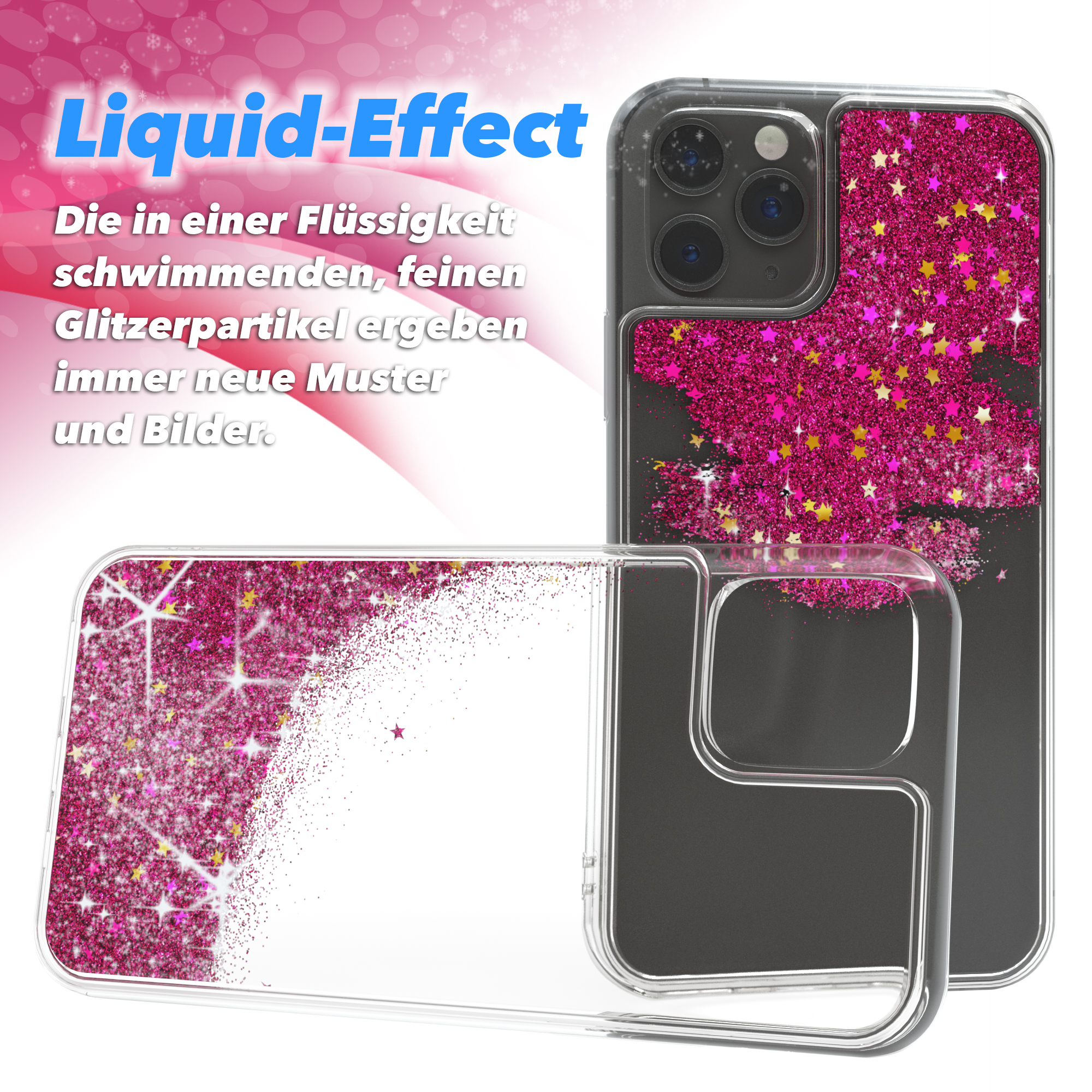Transparente Handyhülle mit rosa Glitzer, Sternen und schwarzem Rand. Text: Liquid-Effect.