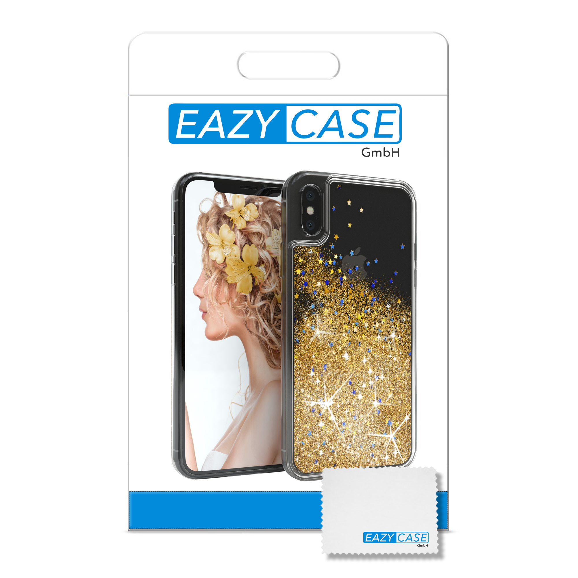 Handyhüllenverpackung mit Telefon und Frauengesicht, transparente Hülle mit Sternen.