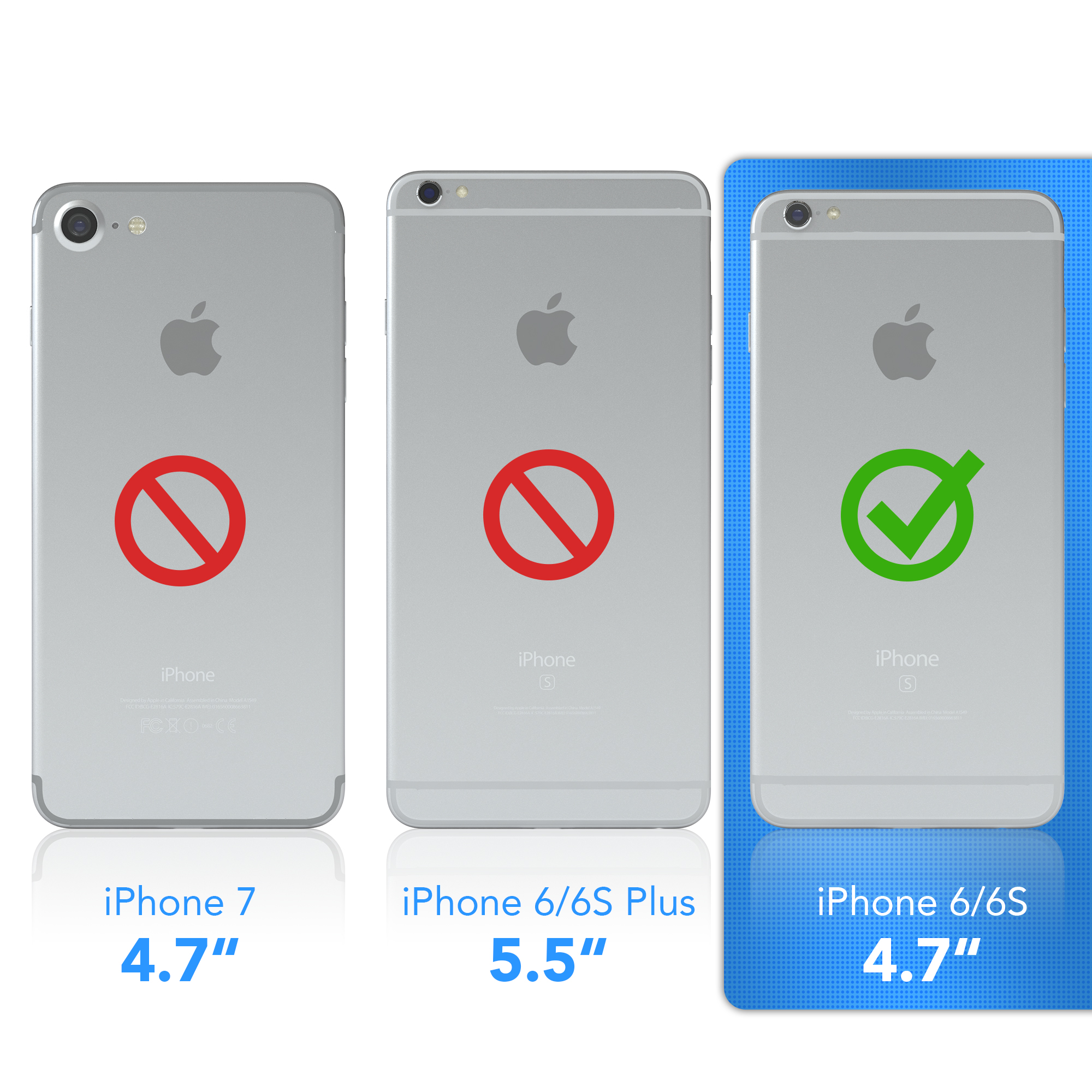 Drei iPhones. iPhone 7 mit rotem Verbotszeichen, iPhone 6/6s Plus mit rotem Verbotszeichen und iPhone 6/6s mit Haken.