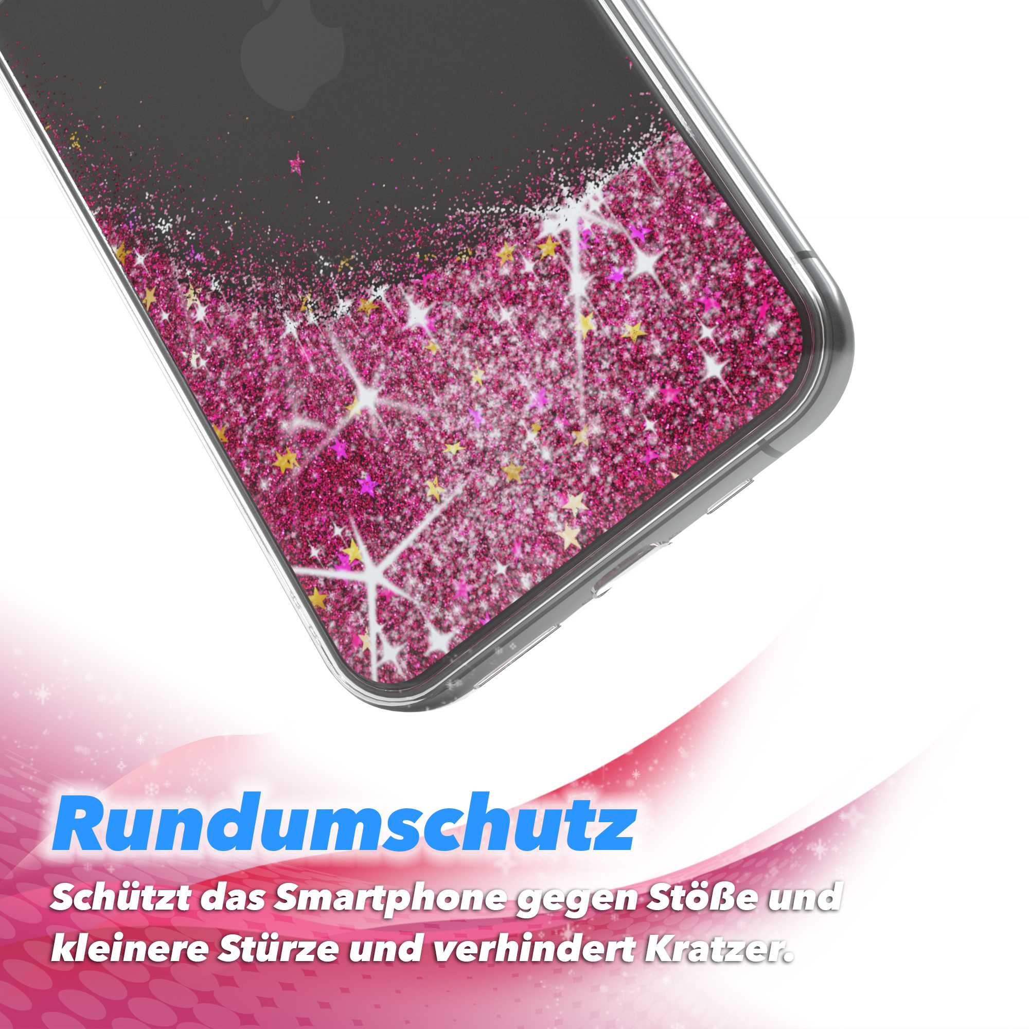 Eine Handyhülle mit rosa Glitzer und Sternen auf weißem und rosa Hintergrund.