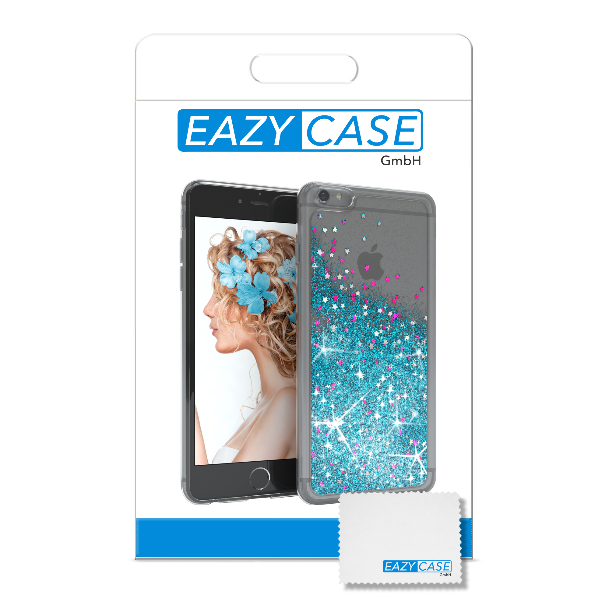 Transparente Handyhülle mit Blumen und Glitzer. Eazy Case Logo auf der Verpackung und ein Putztuch.