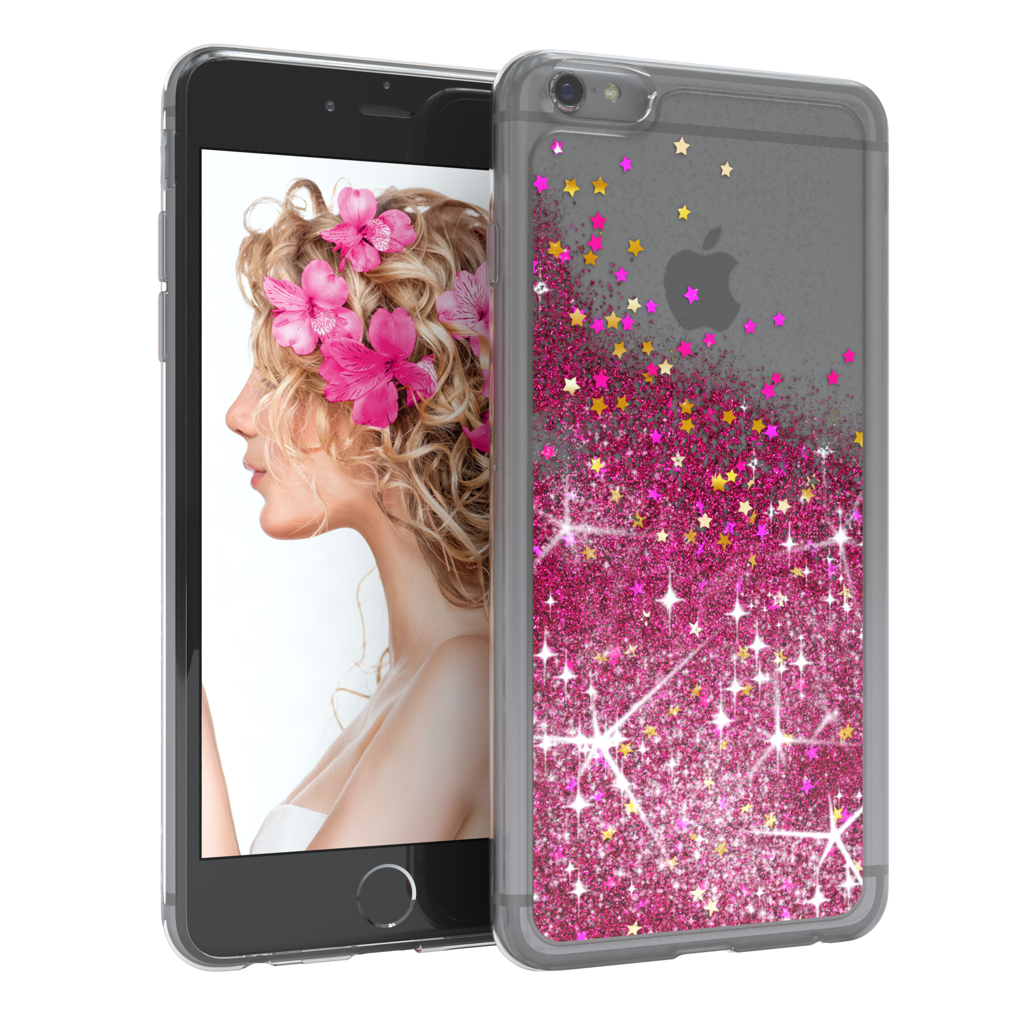 Telefon in Hülle, mit Frauenbild auf dem Bildschirm, weiße Oberfläche.