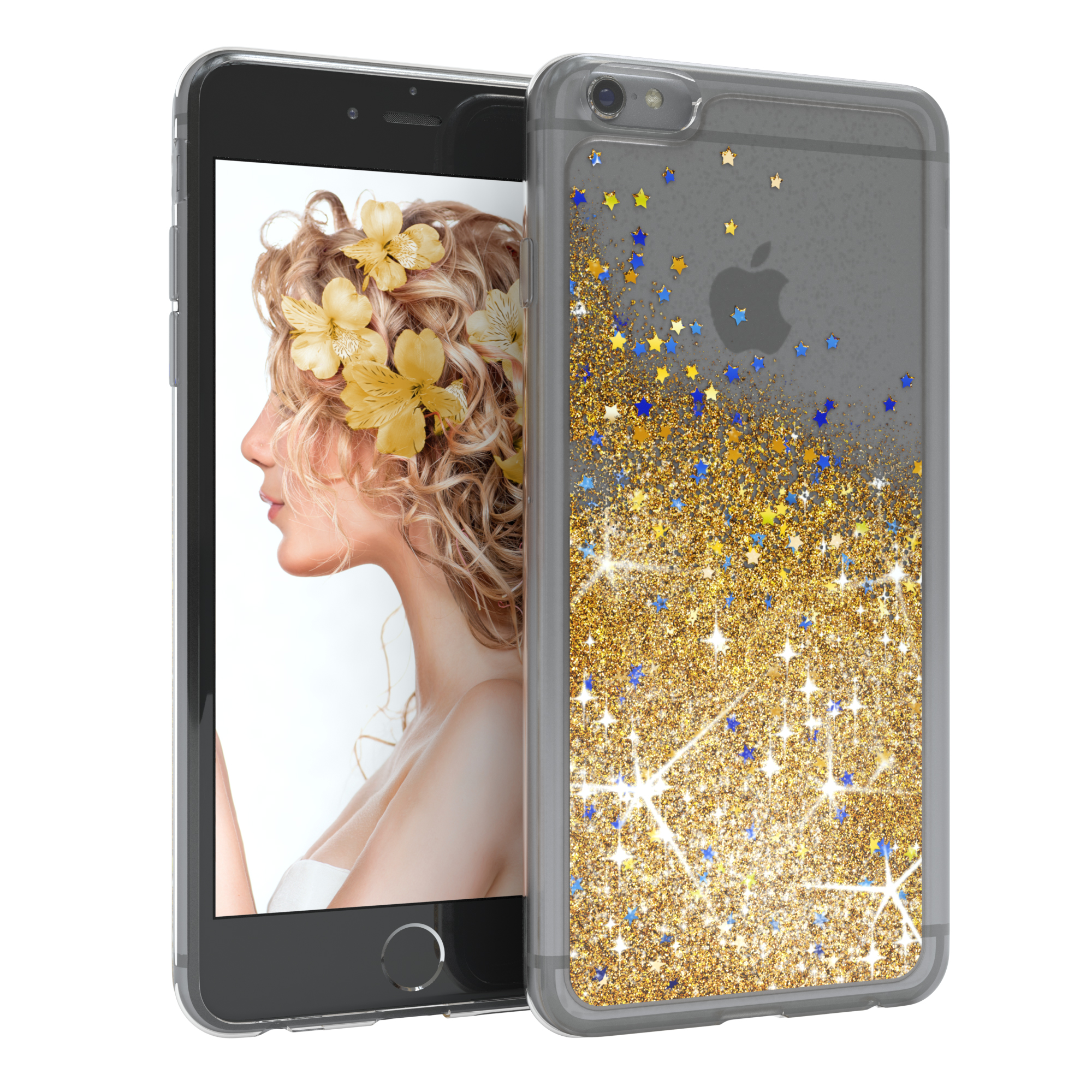 Telefon mit Frauenprofil, gelben Blumen und klarer Hülle mit goldenem und blauem Glitzer.
