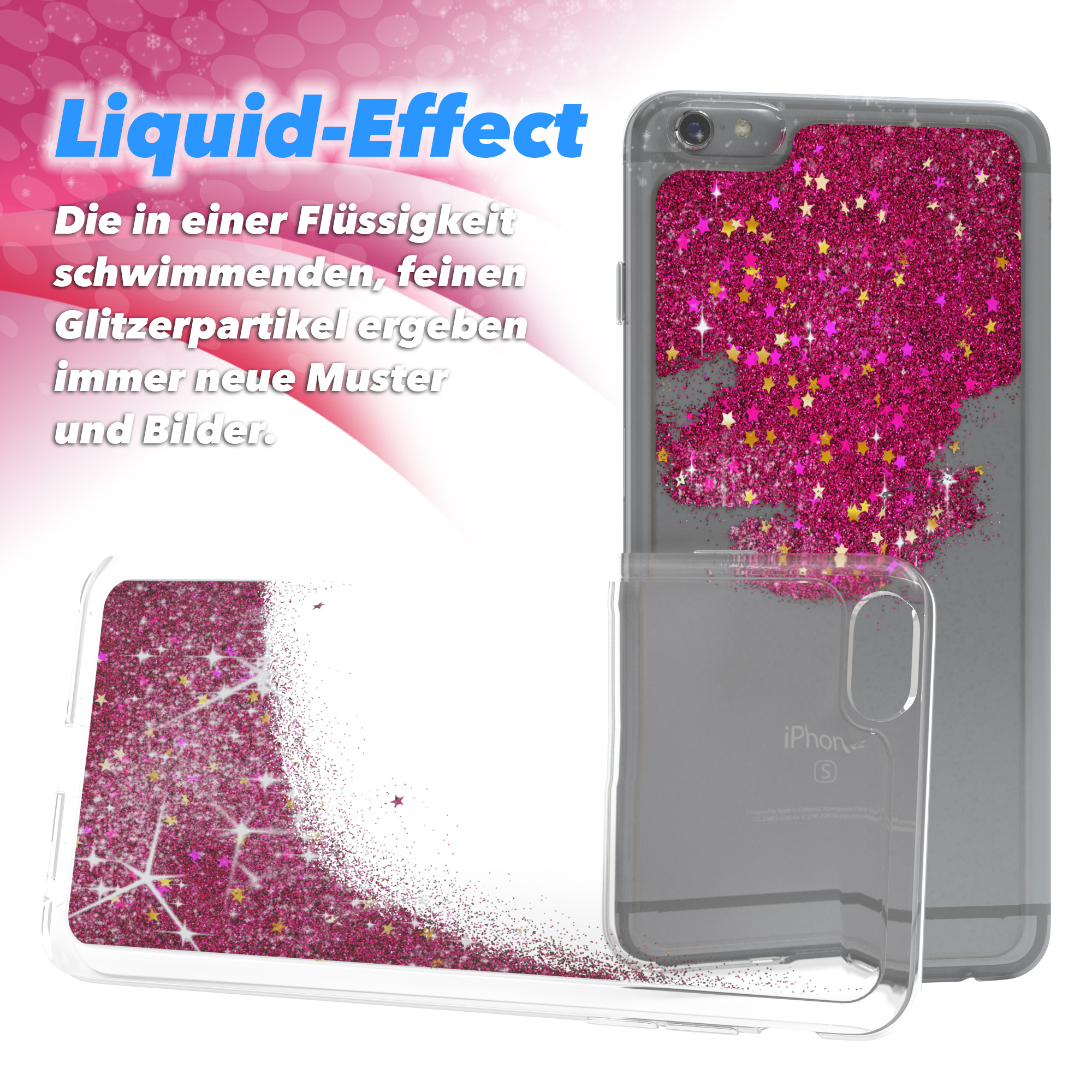 Handyhülle mit Glitzer, Sternen und klarer Rückseite.