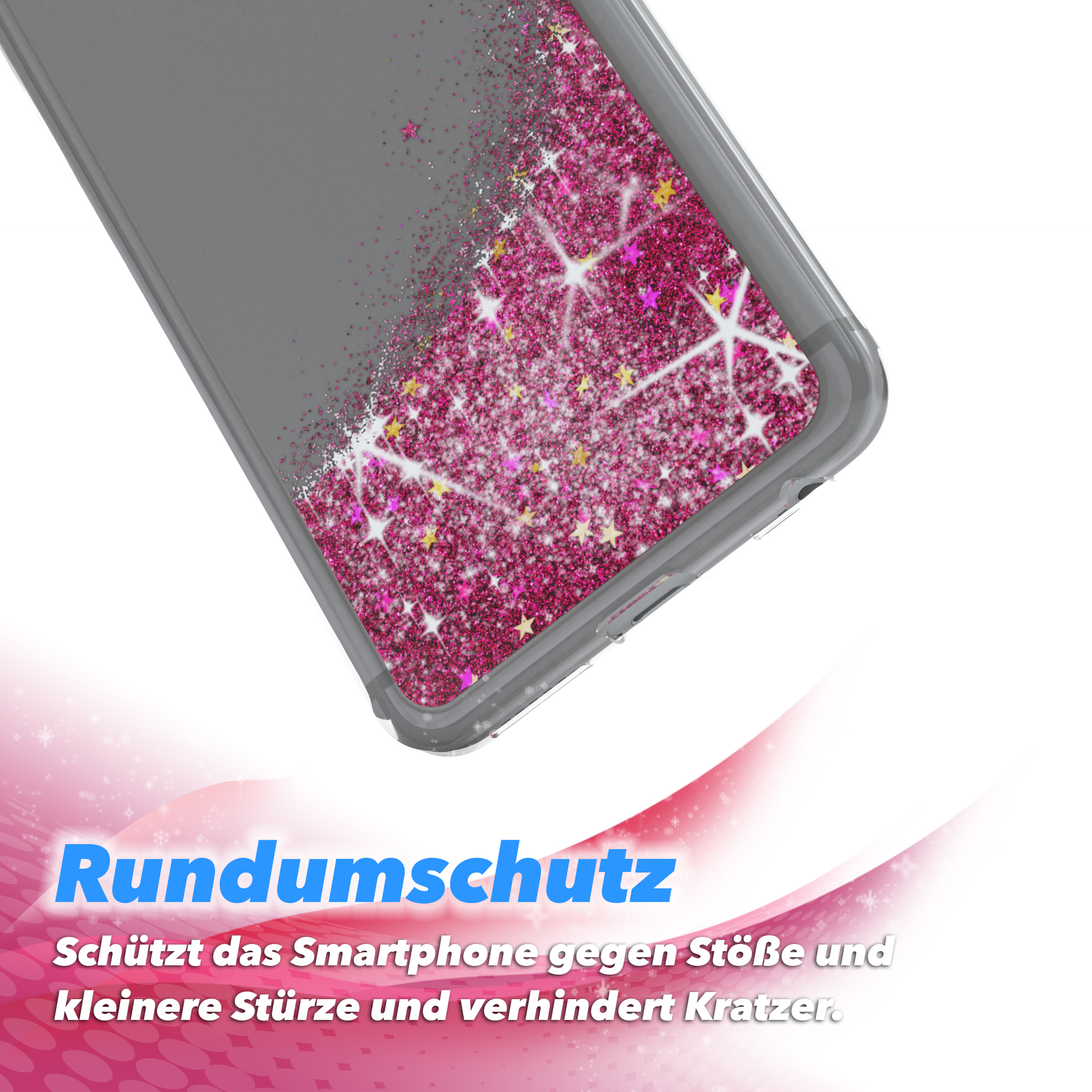 Nahaufnahme einer Handyhülle mit pinkem Glitzereffekt und dem Schriftzug Rundumschutz.
