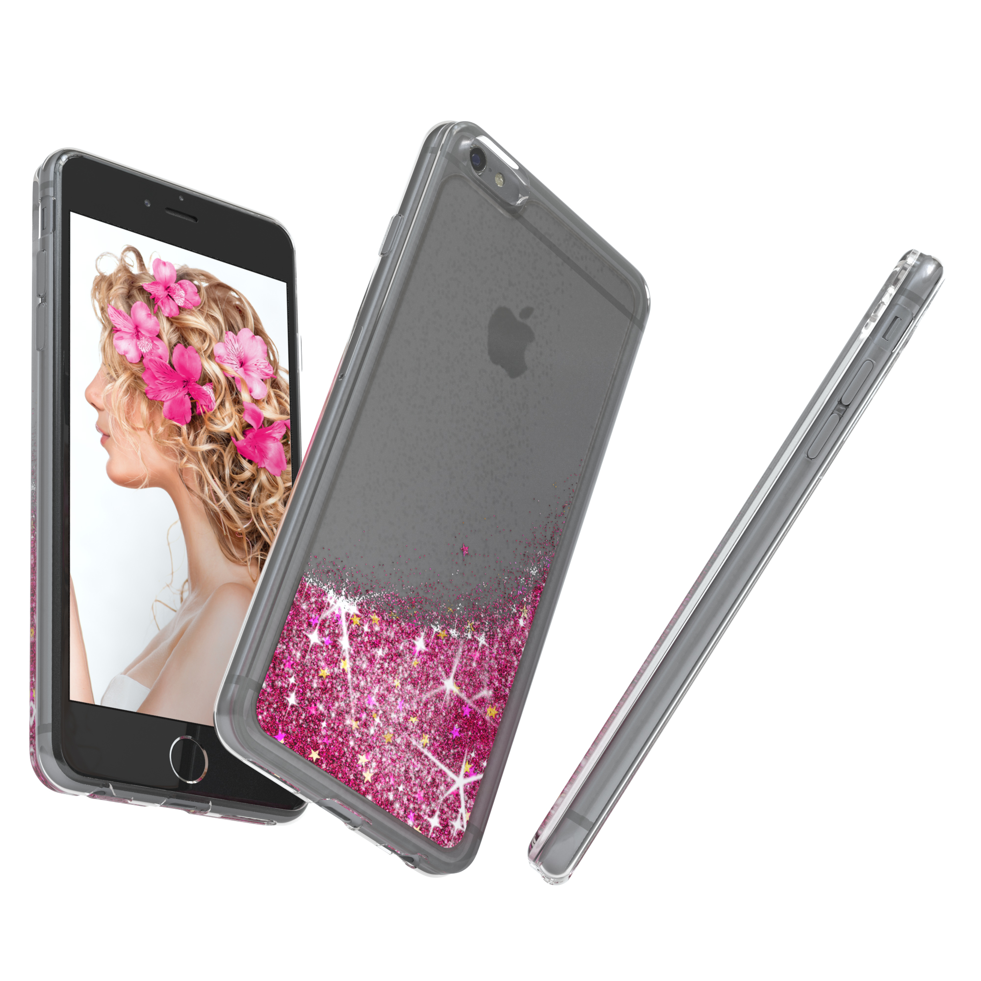 iPhone mit rosa Glitzer-Flüssigkeitshülle, Frau mit Blumen.