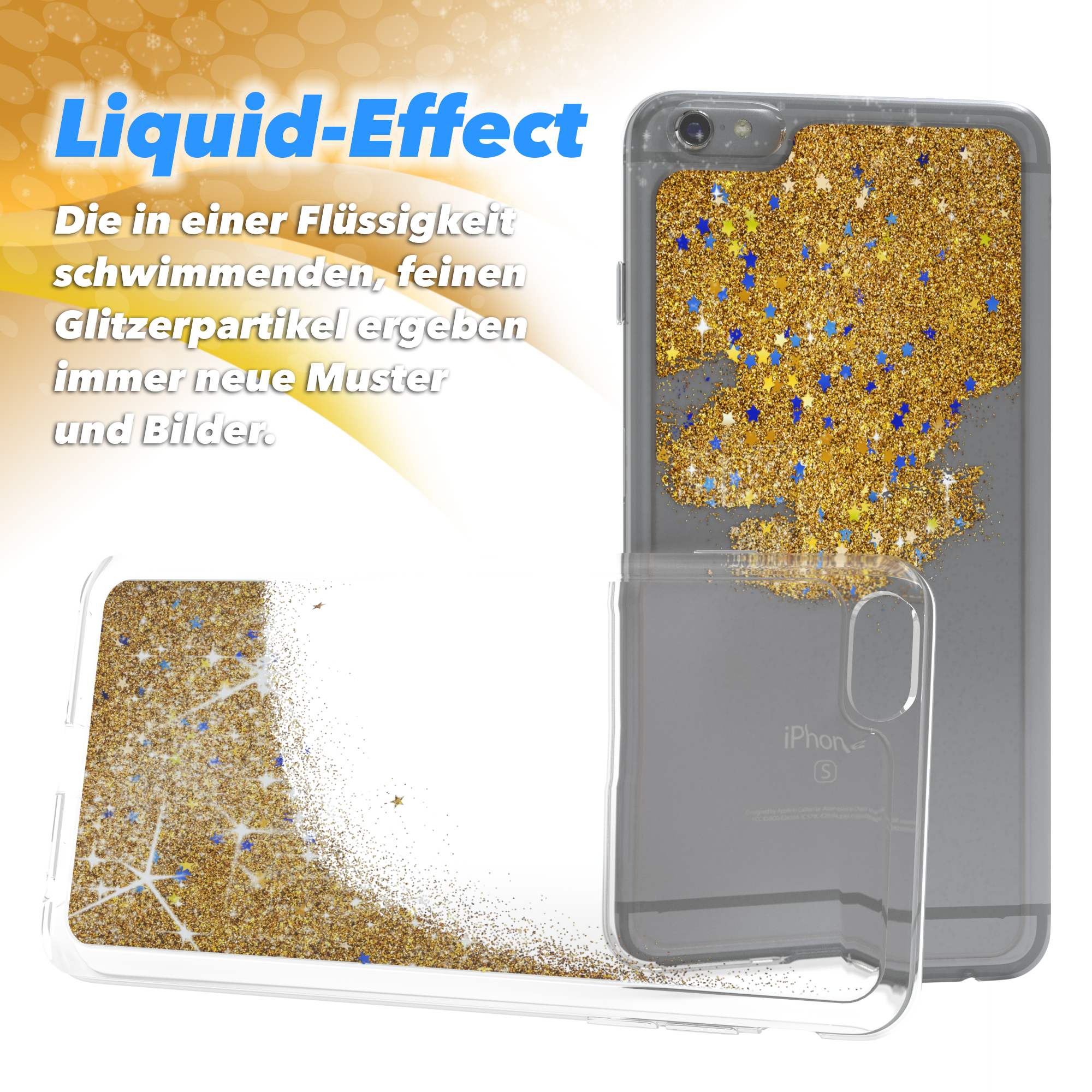 Transparente Handyhülle mit goldfarbenem Glitzer, Sternen und schwarzem Rand. Text: Liquid-Effect.