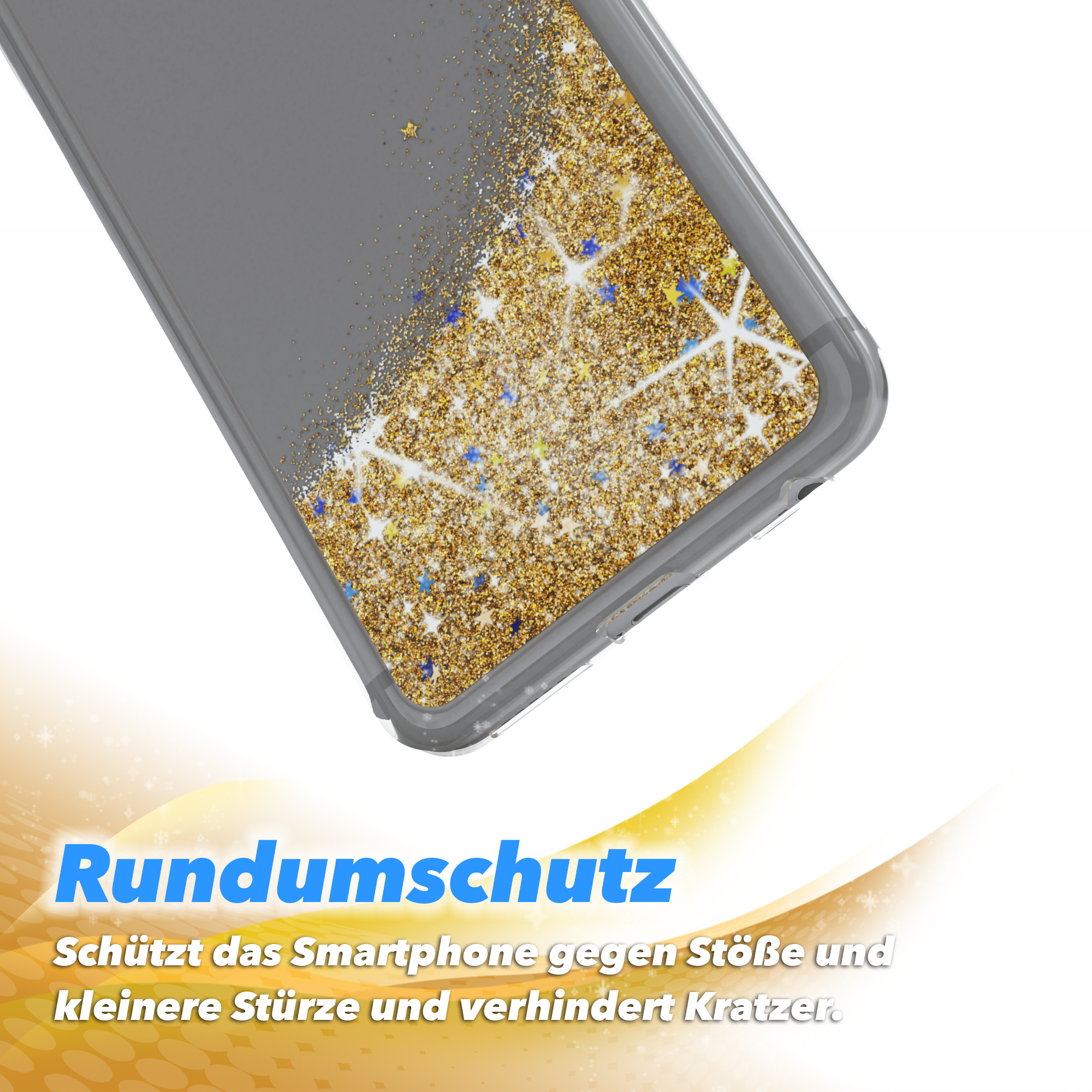 Handyhülle mit goldenem Glitzerdesign und Text über Schutz.