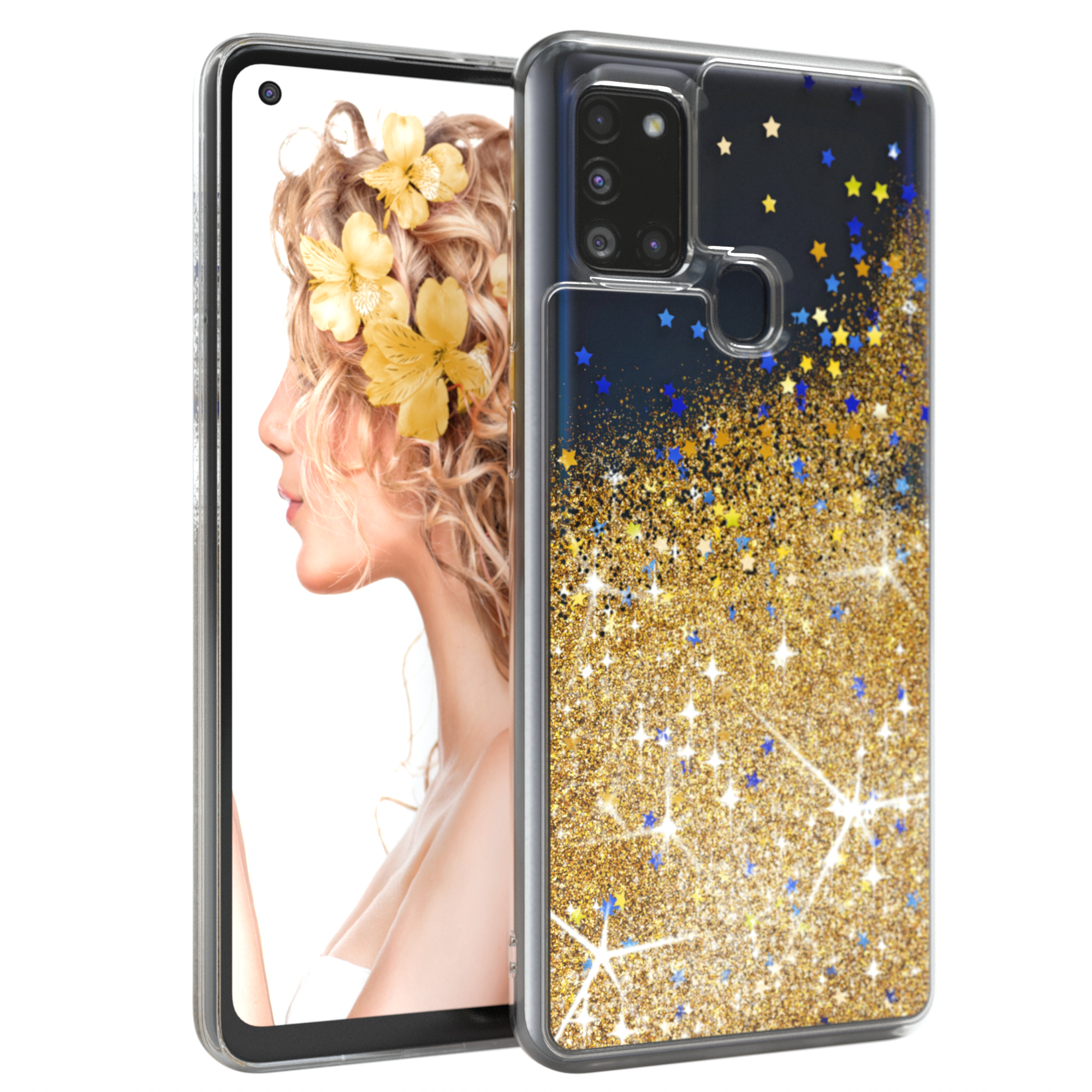 Gold Samsung, CASE EAZY Backcover, A21s, Glitzerhülle Galaxy Flüssig,