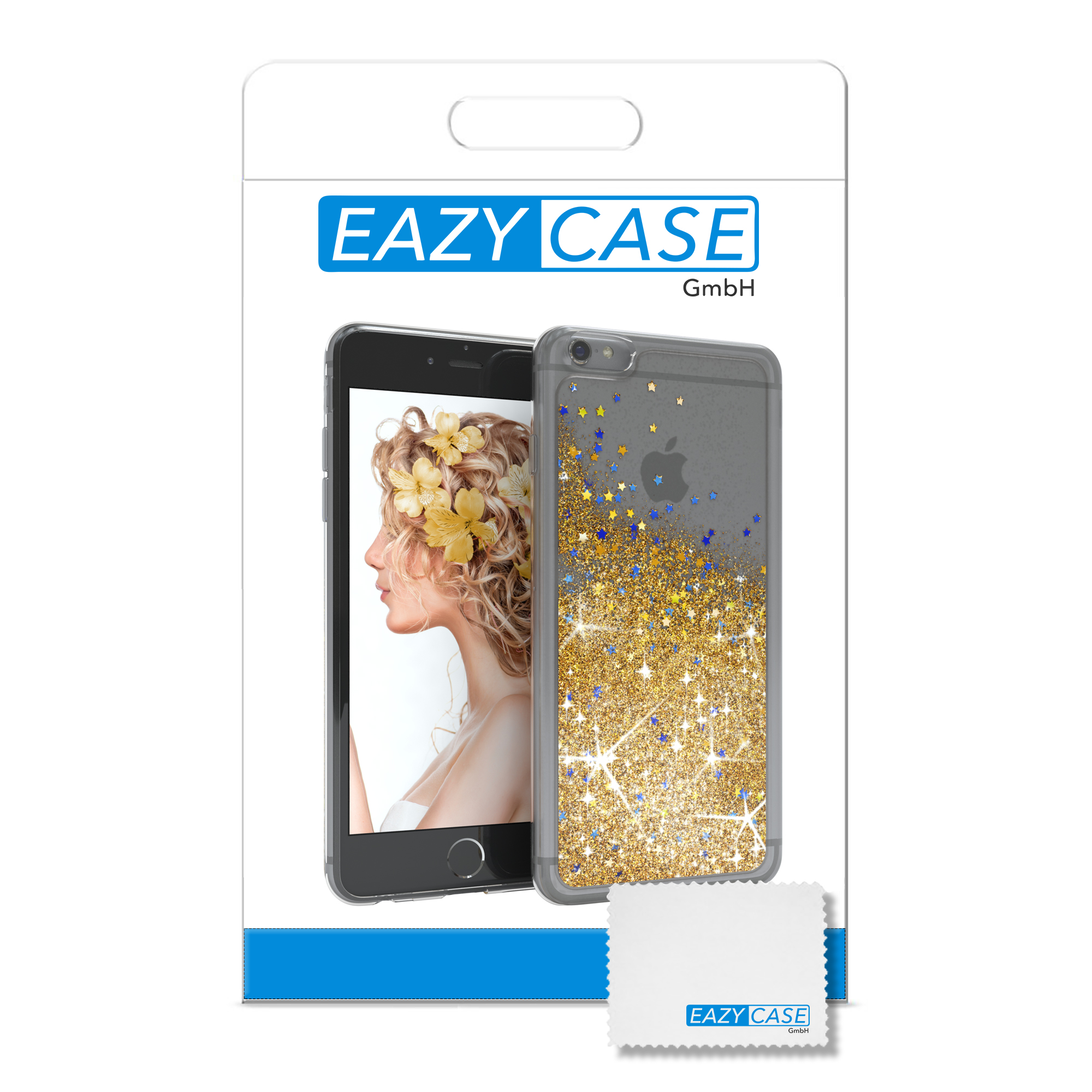 Ein Telefon in einer transparenten Hülle mit Frauenbild und Glitzerhülle.