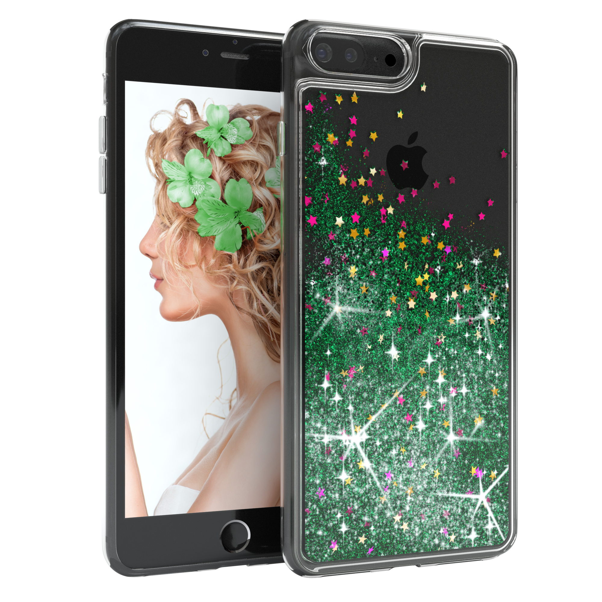 Telefon mit transparenter Hülle, Glitzer und Sternen. Eine Frau mit Blumen im Haar auf dem Bildschirm.