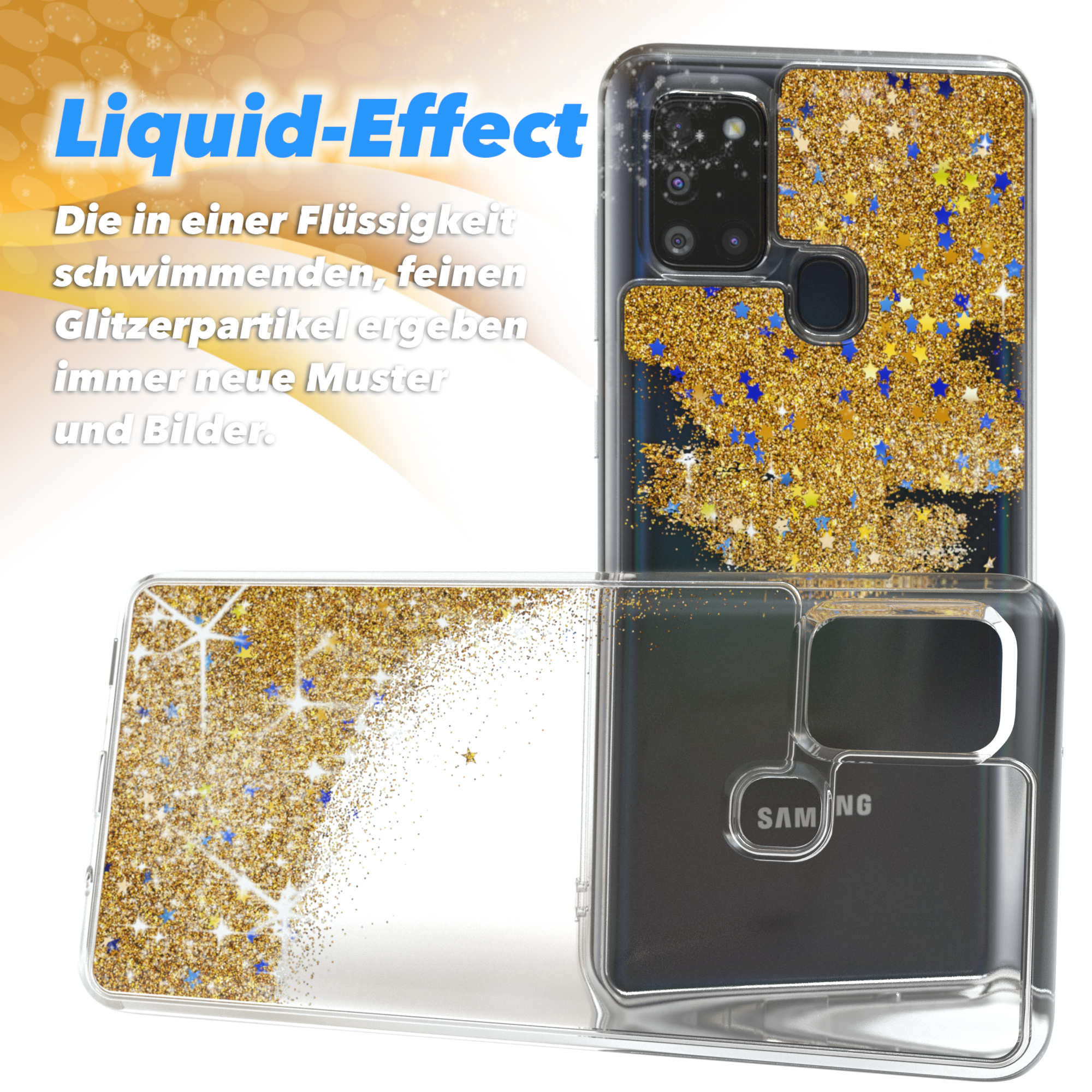Transparente Handyhüllen mit goldenem Glitzer werden gezeigt. Eine liegt auf der anderen, beide zeigen das Samsung Logo.