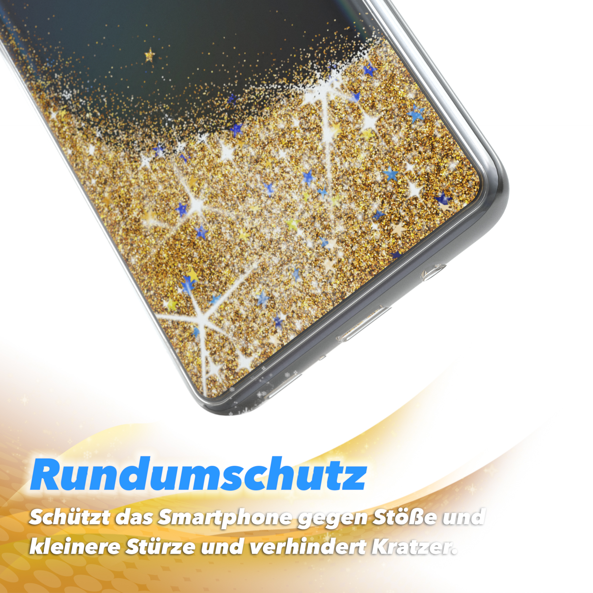 Eine Handyhülle mit goldenem Glitzer auf der Rückseite, auf weißem Hintergrund.